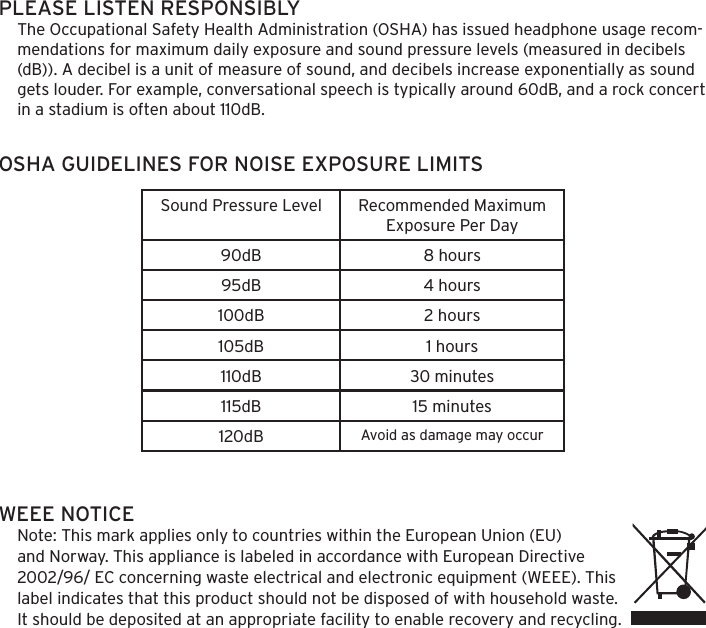 OSHA GUIDELINES FOR NOISE EXPOSURE LIMITSWEEE NOTICE Note: This mark applies only to countries within the European Union (EU) and Norway. This appliance is labeled in accordance with European Directive 2002/96/ EC concerning waste electrical and electronic equipment (WEEE). This label indicates that this product should not be disposed of with household waste. It should be deposited at an appropriate facility to enable recovery and recycling.Sound Pressure Level Recommended Maximum Exposure Per Day 90dB 8 hours95dB 4 hours100dB 2 hours105dB 1 hours110dB 30 minutes115dB 15 minutes120dB Avoid as damage may occurPLEASE LISTEN RESPONSIBLYThe Occupational Safety Health Administration (OSHA) has issued headphone usage recom-mendations for maximum daily exposure and sound pressure levels (measured in decibels (dB)). A decibel is a unit of measure of sound, and decibels increase exponentially as sound gets louder. For example, conversational speech is typically around 60dB, and a rock concert in a stadium is often about 110dB.