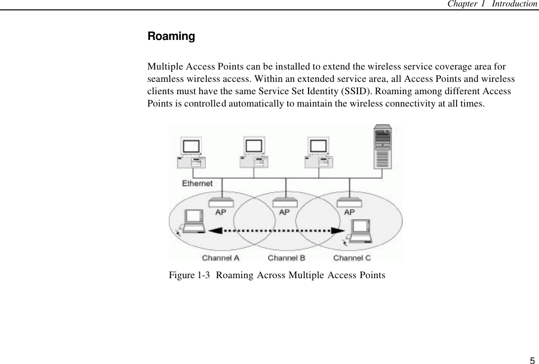 Chapter 1  Introduction 5 Roaming Multiple Access Points can be installed to extend the wireless service coverage area for seamless wireless access. Within an extended service area, all Access Points and wireless clients must have the same Service Set Identity (SSID). Roaming among different Access Points is controlled automatically to maintain the wireless connectivity at all times.  Figure 1-3  Roaming Across Multiple Access Points   