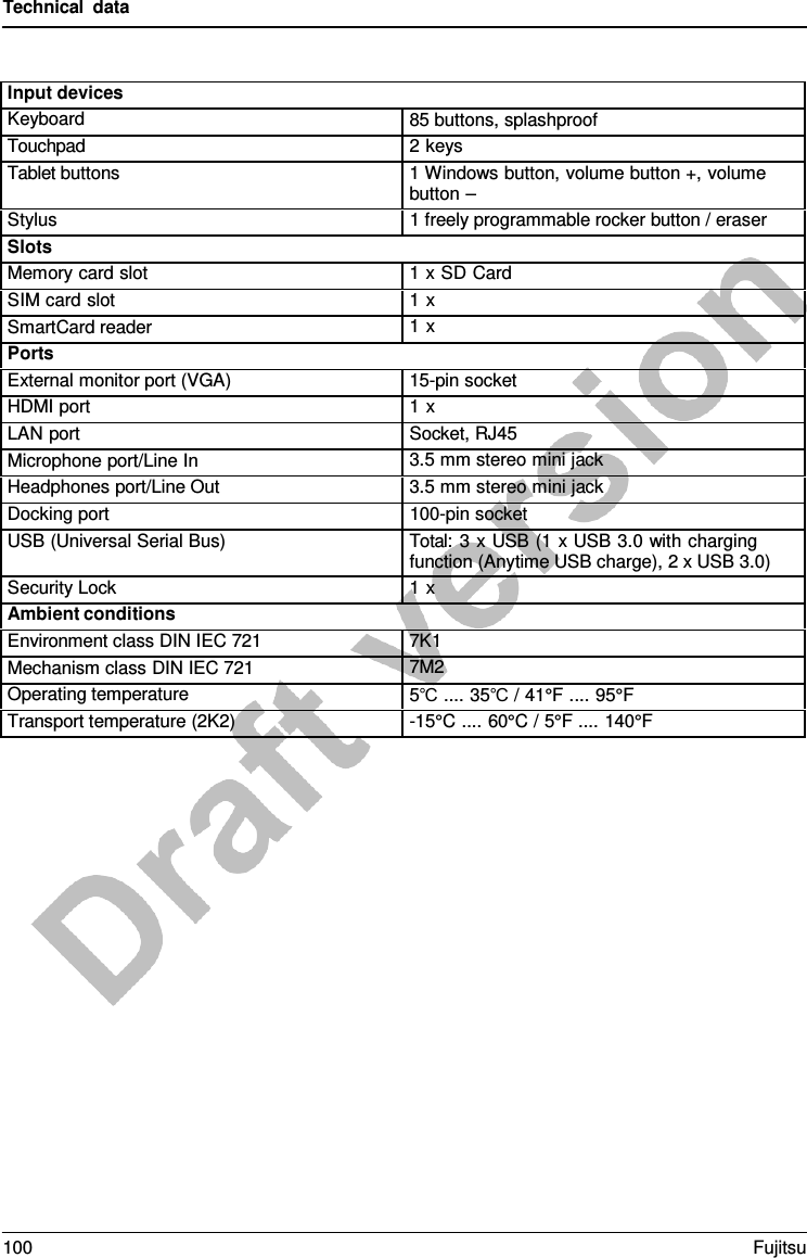 Technical data Input devices Keyboard 85 buttons, splashproof Touchpad 2 keys Tablet buttons 1 Windows button, volume button +, volume button – Stylus 1 freely programmable rocker button / eraser Slots Memory card slot 1 x SD Card SIM card slot 1 x SmartCard reader 1 x Ports External monitor port (VGA) 15-pin socket HDMI port 1 x LAN port Socket, RJ45 Microphone port/Line In 3.5 mm stereo mini jack Headphones port/Line Out 3.5 mm stereo mini jack Docking port 100-pin socket USB (Universal Serial Bus) Total:  3 x USB (1 x USB 3.0 with charging function (Anytime USB charge), 2 x USB 3.0) Security Lock 1 x Ambient conditions Environment class DIN IEC 721 7K1 Mechanism class DIN IEC 721 7M2 Operating temperature 5℃ .... 35℃ / 41°F .... 95°F Transport temperature (2K2) -15°C .... 60°C / 5°F .... 140°F 100 Fujitsu 