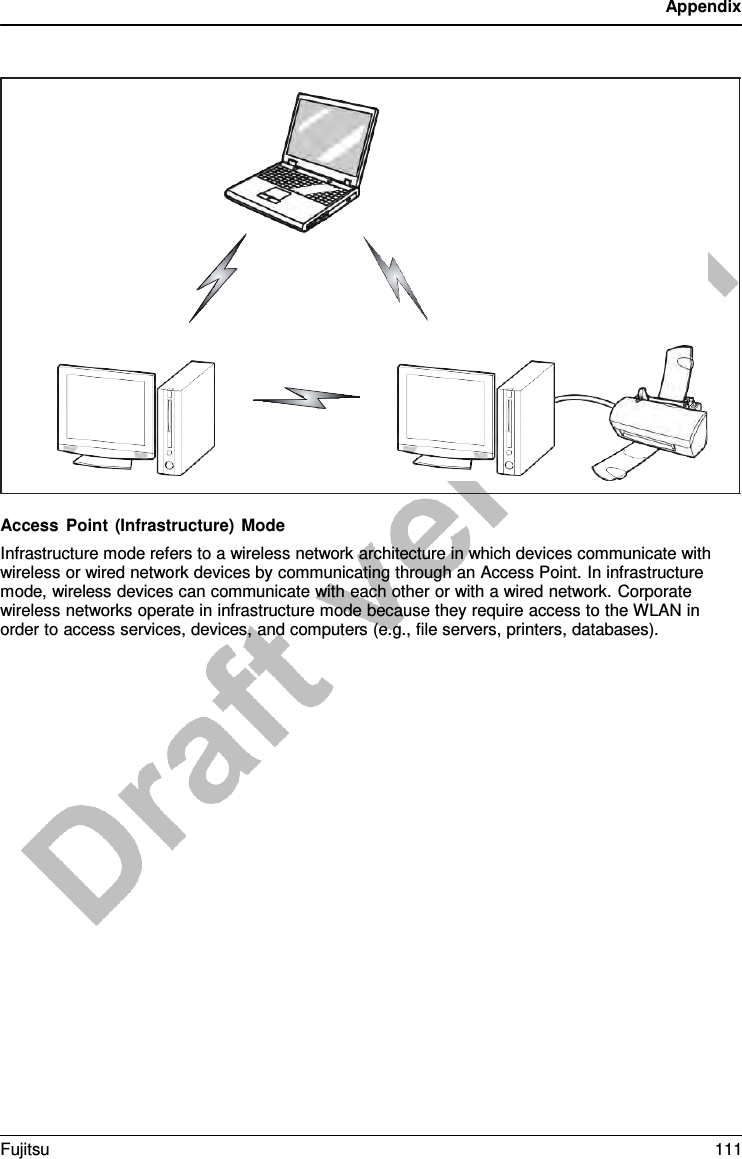 Appendix                            Access Point (Infrastructure) Mode Infrastructure mode refers to a wireless network architecture in which devices communicate with wireless or wired network devices by communicating through an Access Point. In infrastructure mode, wireless devices can communicate with each other or with a wired network. Corporate wireless networks operate in infrastructure mode because they require access to the WLAN in order to access services, devices, and computers (e.g., file servers, printers, databases). Fujitsu 111  