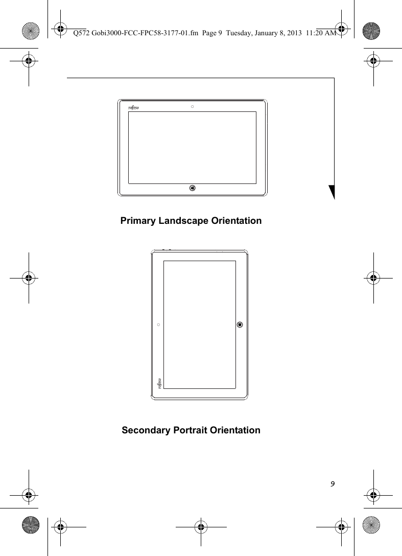 9Primary Landscape OrientationSecondary Portrait OrientationQ572 Gobi3000-FCC-FPC58-3177-01.fm  Page 9  Tuesday, January 8, 2013  11:20 AM
