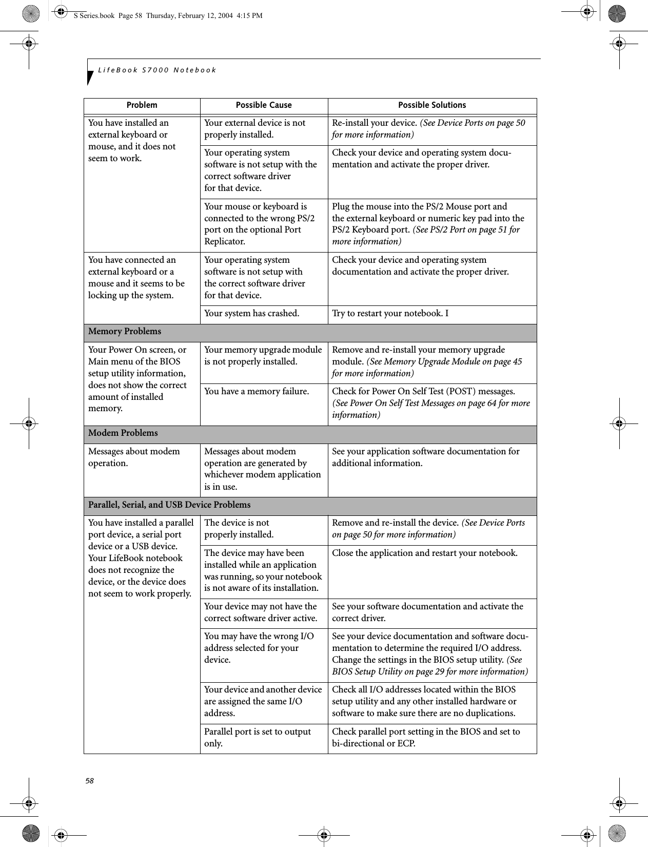 58LifeBook S7000 NotebookYou have installed an external keyboard or mouse, and it does not seem to work.Your external device is not properly installed.Re-install your device. (See Device Ports on page 50 for more information)Your operating system software is not setup with the correct software driver for that device.Check your device and operating system docu-mentation and activate the proper driver.Your mouse or keyboard is connected to the wrong PS/2 port on the optional Port Replicator.Plug the mouse into the PS/2 Mouse port and the external keyboard or numeric key pad into the PS/2 Keyboard port. (See PS/2 Port on page 51 for more information)You have connected an external keyboard or a mouse and it seems to be locking up the system.Your operating system software is not setup with the correct software driver for that device.Check your device and operating systemdocumentation and activate the proper driver.Your system has crashed. Try to restart your notebook. IMemory ProblemsYour Power On screen, or Main menu of the BIOS setup utility information, does not show the correct amount of installed memory.Your memory upgrade module is not properly installed.Remove and re-install your memory upgrade module. (See Memory Upgrade Module on page 45 for more information)You have a memory failure. Check for Power On Self Test (POST) messages. (See Power On Self Test Messages on page 64 for more information)Modem ProblemsMessages about modem operation.Messages about modem operation are generated by whichever modem application is in use.See your application software documentation for additional information.Parallel, Serial, and USB Device ProblemsYou have installed a parallel port device, a serial port device or a USB device. Your LifeBook notebook does not recognize the device, or the device does not seem to work properly.The device is not properly installed.Remove and re-install the device. (See Device Ports on page 50 for more information)The device may have been installed while an application was running, so your notebook is not aware of its installation.Close the application and restart your notebook.Your device may not have the correct software driver active.See your software documentation and activate the correct driver.You may have the wrong I/O address selected for your device.See your device documentation and software docu-mentation to determine the required I/O address. Change the settings in the BIOS setup utility. (See BIOS Setup Utility on page 29 for more information)Your device and another device are assigned the same I/O address.Check all I/O addresses located within the BIOS setup utility and any other installed hardware or software to make sure there are no duplications.Parallel port is set to output only.Check parallel port setting in the BIOS and set tobi-directional or ECP.Problem Possible Cause Possible SolutionsS Series.book  Page 58  Thursday, February 12, 2004  4:15 PM