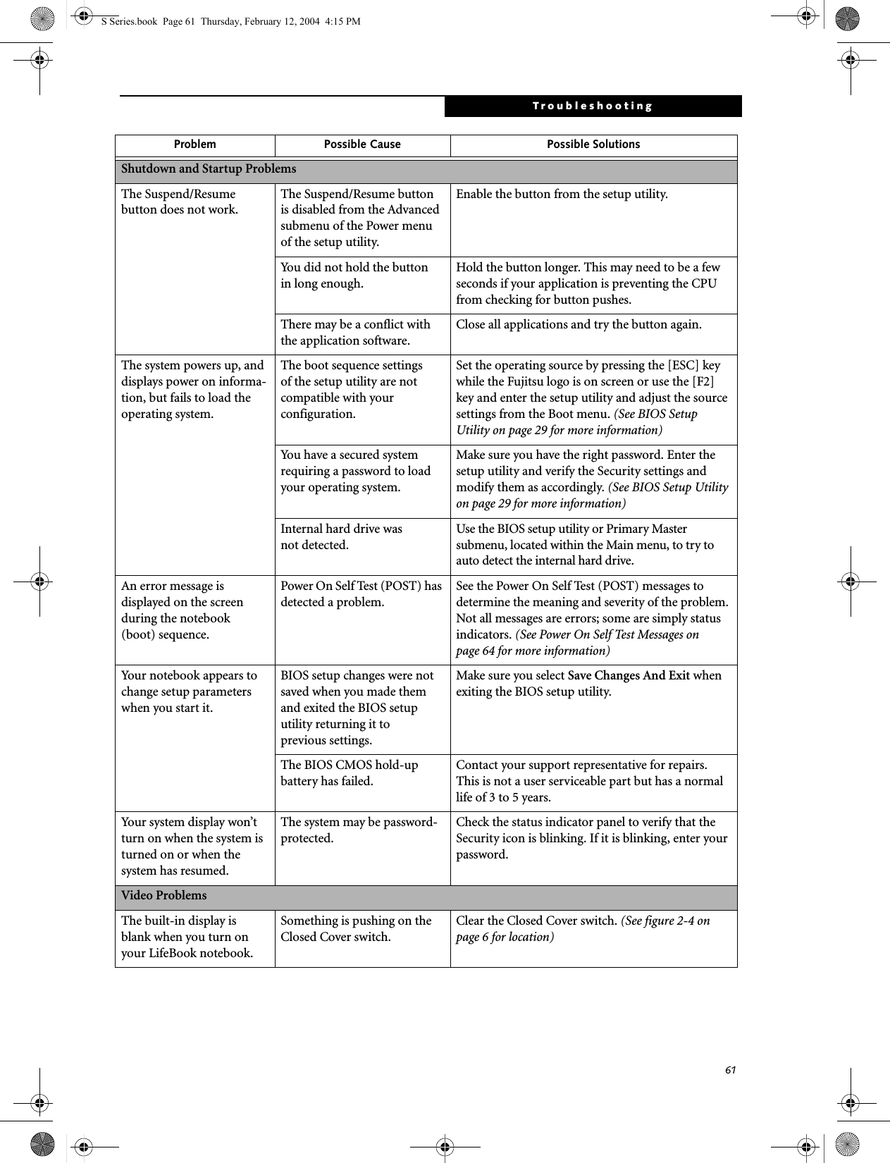 61TroubleshootingShutdown and Startup ProblemsThe Suspend/Resume button does not work.The Suspend/Resume button is disabled from the Advanced submenu of the Power menu of the setup utility. Enable the button from the setup utility.You did not hold the button in long enough.Hold the button longer. This may need to be a few seconds if your application is preventing the CPU from checking for button pushes.There may be a conflict with the application software.Close all applications and try the button again.The system powers up, and displays power on informa-tion, but fails to load the operating system.The boot sequence settings of the setup utility are not compatible with your configuration.Set the operating source by pressing the [ESC] key while the Fujitsu logo is on screen or use the [F2] key and enter the setup utility and adjust the source settings from the Boot menu. (See BIOS Setup Utility on page 29 for more information)You have a secured system requiring a password to load your operating system.Make sure you have the right password. Enter the setup utility and verify the Security settings and modify them as accordingly. (See BIOS Setup Utility on page 29 for more information)Internal hard drive was not detected.Use the BIOS setup utility or Primary Master submenu, located within the Main menu, to try to auto detect the internal hard drive.An error message is displayed on the screen during the notebook (boot) sequence.Power On Self Test (POST) has detected a problem.See the Power On Self Test (POST) messages to determine the meaning and severity of the problem. Not all messages are errors; some are simply status indicators. (See Power On Self Test Messages on page 64 for more information)Your notebook appears to change setup parameters when you start it.BIOS setup changes were not saved when you made them and exited the BIOS setup utility returning it to previous settings.Make sure you select Save Changes And Exit when exiting the BIOS setup utility.The BIOS CMOS hold-up battery has failed.Contact your support representative for repairs. This is not a user serviceable part but has a normal life of 3 to 5 years.Your system display won’t turn on when the system is turned on or when the system has resumed.The system may be password-protected.Check the status indicator panel to verify that the Security icon is blinking. If it is blinking, enter your password.Video ProblemsThe built-in display is blank when you turn on your LifeBook notebook.Something is pushing on the Closed Cover switch. Clear the Closed Cover switch. (See figure 2-4 on page 6 for location)Problem Possible Cause Possible SolutionsS Series.book  Page 61  Thursday, February 12, 2004  4:15 PM