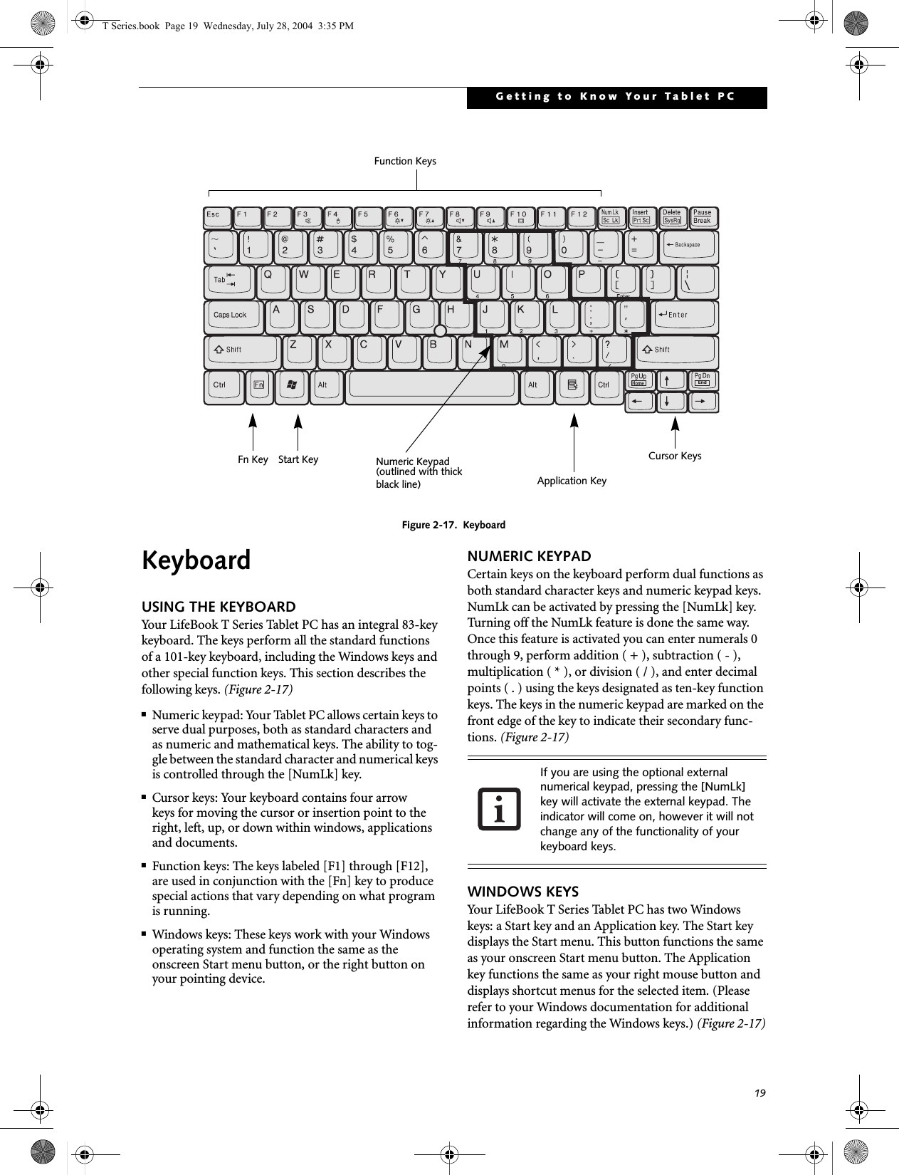 19Getting to Know Your Tablet PCFigure 2-17.  KeyboardKeyboardUSING THE KEYBOARDYour LifeBook T Series Tablet PC has an integral 83-key keyboard. The keys perform all the standard functions of a 101-key keyboard, including the Windows keys and other special function keys. This section describes the following keys. (Figure 2-17)■Numeric keypad: Your Tablet PC allows certain keys to serve dual purposes, both as standard characters and as numeric and mathematical keys. The ability to tog-gle between the standard character and numerical keys is controlled through the [NumLk] key.■Cursor keys: Your keyboard contains four arrowkeys for moving the cursor or insertion point to the right, left, up, or down within windows, applications and documents. ■Function keys: The keys labeled [F1] through [F12], are used in conjunction with the [Fn] key to produce special actions that vary depending on what program is running. ■Windows keys: These keys work with your Windows operating system and function the same as the onscreen Start menu button, or the right button on your pointing device.NUMERIC KEYPADCertain keys on the keyboard perform dual functions as both standard character keys and numeric keypad keys. NumLk can be activated by pressing the [NumLk] key. Turning off the NumLk feature is done the same way. Once this feature is activated you can enter numerals 0 through 9, perform addition ( + ), subtraction ( - ),multiplication ( * ), or division ( / ), and enter decimal points ( . ) using the keys designated as ten-key function keys. The keys in the numeric keypad are marked on the front edge of the key to indicate their secondary func-tions. (Figure 2-17) WINDOWS KEYSYour LifeBook T Series Tablet PC has two Windows keys: a Start key and an Application key. The Start key displays the Start menu. This button functions the same as your onscreen Start menu button. The Application key functions the same as your right mouse button and displays shortcut menus for the selected item. (Please refer to your Windows documentation for additional information regarding the Windows keys.) (Figure 2-17)EndHomeFn Key Start KeyFunction KeysNumeric KeypadApplication KeyCursor Keys(outlined with thickblack line)If you are using the optional external numerical keypad, pressing the [NumLk] key will activate the external keypad. The indicator will come on, however it will not change any of the functionality of your keyboard keys. T Series.book  Page 19  Wednesday, July 28, 2004  3:35 PM
