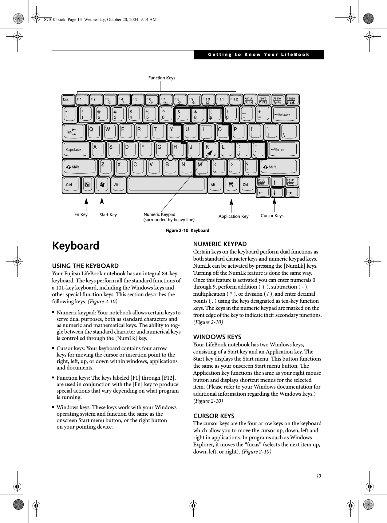 13Getting to Know Your LifeBookFigure 2-10  KeyboardKeyboard USING THE KEYBOARDYour Fujitsu LifeBook notebook has an integral 84-key keyboard. The keys perform all the standard functions of a 101-key keyboard, including the Windows keys and other special function keys. This section describes the following keys. (Figure 2-10)■Numeric keypad: Your notebook allows certain keys to serve dual purposes, both as standard characters and as numeric and mathematical keys. The ability to tog-gle between the standard character and numerical keys is controlled through the [NumLk] key.■Cursor keys: Your keyboard contains four arrowkeys for moving the cursor or insertion point to the right, left, up, or down within windows, applications and documents. ■Function keys: The keys labeled [F1] through [F12], are used in conjunction with the [Fn] key to produce special actions that vary depending on what program is running. ■Windows keys: These keys work with your Windows operating system and function the same as the onscreen Start menu button, or the right buttonon your pointing device.NUMERIC KEYPADCertain keys on the keyboard perform dual functions as both standard character keys and numeric keypad keys. NumLk can be activated by pressing the [NumLk] keys. Turning off the NumLk feature is done the same way. Once this feature is activated you can enter numerals 0 through 9, perform addition ( + ), subtraction ( - ),multiplication ( * ), or division ( / ), and enter decimal points ( . ) using the keys designated as ten-key function keys. The keys in the numeric keypad are marked on the front edge of the key to indicate their secondary functions. (Figure 2-10) WINDOWS KEYSYour LifeBook notebook has two Windows keys, consisting of a Start key and an Application key. The Start key displays the Start menu. This button functions the same as your onscreen Start menu button. The Application key functions the same as your right mouse button and displays shortcut menus for the selected item. (Please refer to your Windows documentation for additional information regarding the Windows keys.) (Figure 2-10)CURSOR KEYSThe cursor keys are the four arrow keys on the keyboard which allow you to move the cursor up, down, left and right in applications. In programs such as Windows Explorer, it moves the “focus” (selects the next item up, down, left, or right). (Figure 2-10)EndHomeFn Key Start KeyFunction KeysNumeric Keypad Application Key Cursor Keys(surrounded by heavy line) S7010.book  Page 13  Wednesday, October 20, 2004  9:14 AM