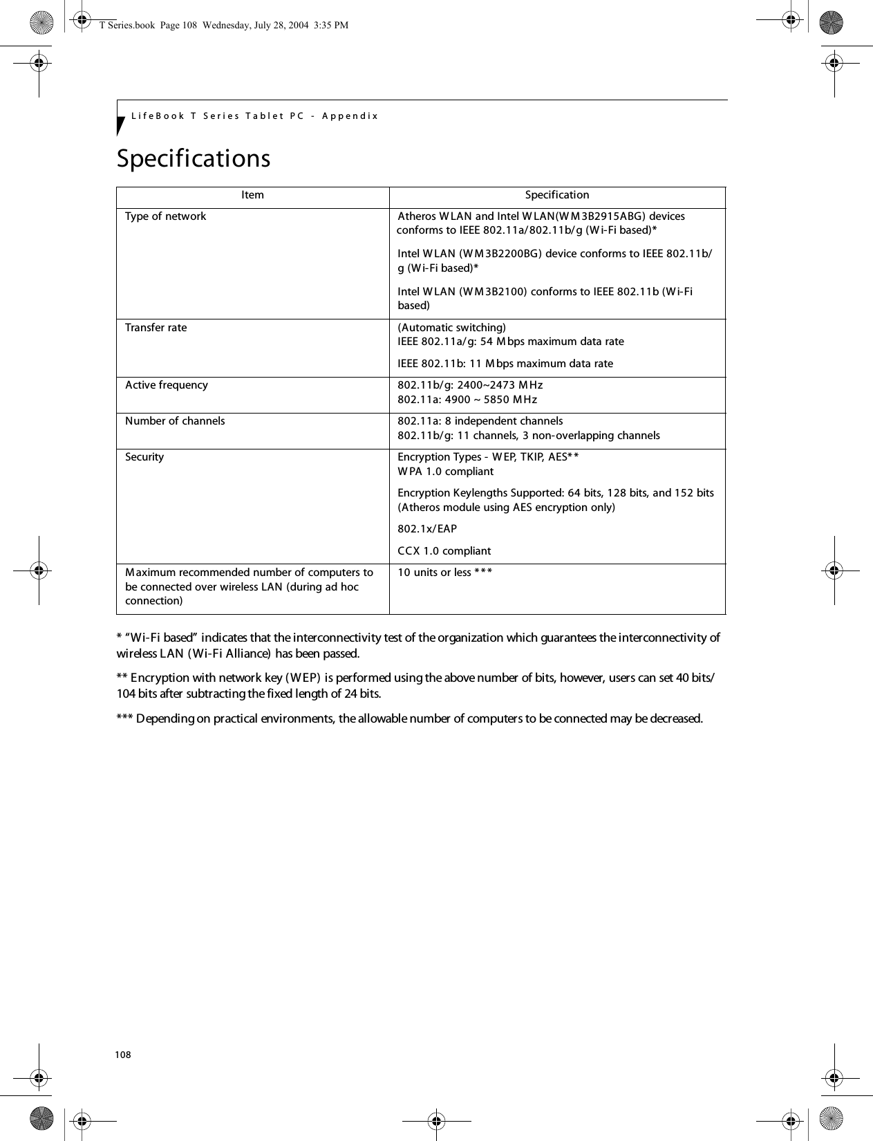 108LifeBook T Series Tablet PC - AppendixSpecifications* “Wi-Fi based” indicates that the interconnectivity test of the organization which guarantees the interconnectivity of wireless LAN (Wi-Fi Alliance) has been passed.** Encryption with network key (WEP) is performed using the above number of bits, however, users can set 40 bits/104 bits after subtracting the fixed length of 24 bits.*** Depending on practical environments, the allowable number of computers to be connected may be decreased.Item SpecificationType of network  Atheros W LAN and Intel W LAN(W M 3B2915ABG) devicesconforms to IEEE 802.11a/802.11b/g (W i-Fi based)*  Intel W LAN (W M3B2200BG) device conforms to IEEE 802.11b/g (W i-Fi based)*Intel W LAN (W M3B2100) conforms to IEEE 802.11b (W i-Fi based)Transfer rate (Automatic switching)IEEE 802.11a/g: 54 M bps maximum data rate IEEE 802.11b: 11 Mbps maximum data rateActive frequency 802.11b/g: 2400~2473 M Hz 802.11a: 4900 ~ 5850 M HzNumber of channels 802.11a: 8 independent channels802.11b/g: 11 channels, 3 non-overlapping channels Security  Encryption Types - W EP, TKIP, AES* *W PA 1.0 compliant Encryption Keylengths Supported: 64 bits, 128 bits, and 152 bits (Atheros module using AES encryption only)802.1x/EAPCCX 1.0 compliantM aximum recommended number of computers to be connected over wireless LAN (during ad hoc connection)10 units or less * * *T Series.book  Page 108  Wednesday, July 28, 2004  3:35 PM