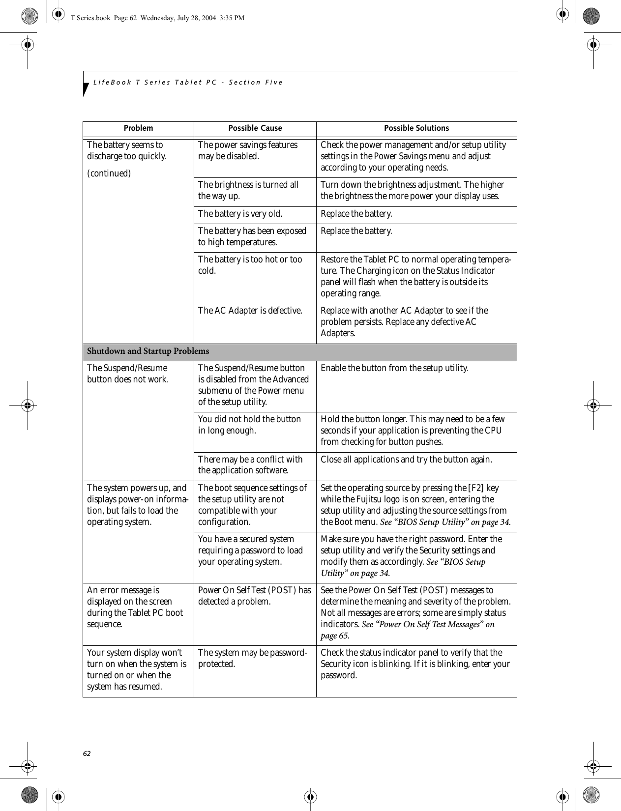 62LifeBook T Series Tablet PC - Section FiveThe battery seems to discharge too quickly.(continued)The power savings features may be disabled. Check the power management and/or setup utility settings in the Power Savings menu and adjust according to your operating needs.The brightness is turned all the way up. Turn down the brightness adjustment. The higher the brightness the more power your display uses.The battery is very old. Replace the battery.The battery has been exposed to high temperatures. Replace the battery.The battery is too hot or too cold.  Restore the Tablet PC to normal operating tempera-ture. The Charging icon on the Status Indicator panel will flash when the battery is outside itsoperating range.The AC Adapter is defective. Replace with another AC Adapter to see if the problem persists. Replace any defective AC Adapters.Shutdown and Startup ProblemsThe Suspend/Resume button does not work. The Suspend/Resume button is disabled from the Advanced submenu of the Power menu of the setup utility. Enable the button from the setup utility.You did not hold the button in long enough. Hold the button longer. This may need to be a few seconds if your application is preventing the CPU from checking for button pushes.There may be a conflict with the application software. Close all applications and try the button again.The system powers up, and displays power-on informa-tion, but fails to load the operating system.The boot sequence settings of the setup utility are not compatible with your configuration.Set the operating source by pressing the [F2] key while the Fujitsu logo is on screen, entering the setup utility and adjusting the source settings from the Boot menu. See “BIOS Setup Utility” on page 34.You have a secured system requiring a password to load your operating system.Make sure you have the right password. Enter the setup utility and verify the Security settings and modify them as accordingly. See “BIOS Setup Utility” on page 34.An error message is displayed on the screen during the Tablet PC boot sequence.Power On Self Test (POST) has detected a problem. See the Power On Self Test (POST) messages to determine the meaning and severity of the problem. Not all messages are errors; some are simply status indicators. See “Power On Self Test Messages” on page 65.Your system display won’t turn on when the system is turned on or when the system has resumed.The system may be password-protected. Check the status indicator panel to verify that the Security icon is blinking. If it is blinking, enter your password.Problem Possible Cause Possible SolutionsT Series.book  Page 62  Wednesday, July 28, 2004  3:35 PM