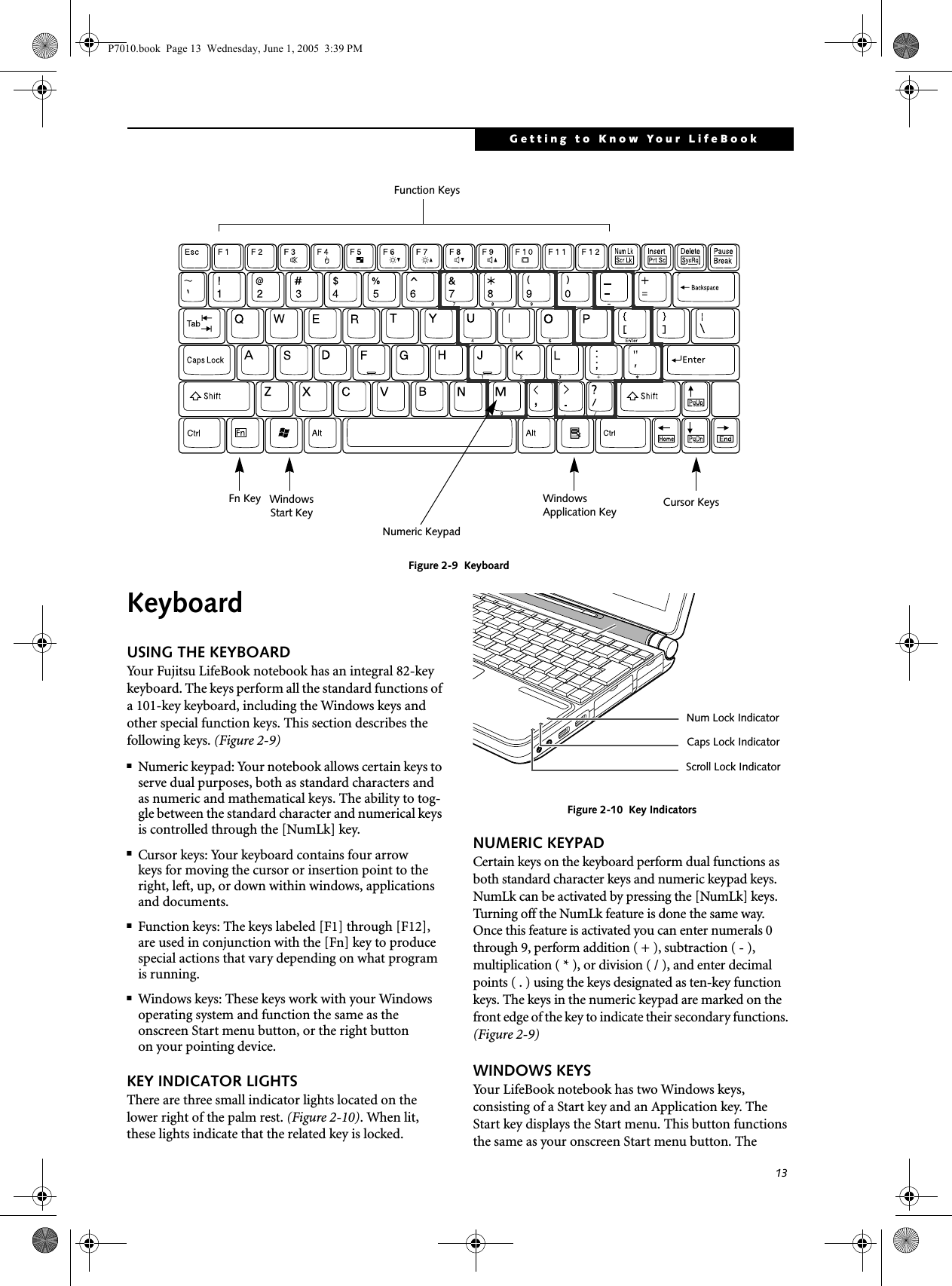 13Getting to Know Your LifeBookFigure 2-9  KeyboardKeyboard USING THE KEYBOARDYour Fujitsu LifeBook notebook has an integral 82-key keyboard. The keys perform all the standard functions of a 101-key keyboard, including the Windows keys and other special function keys. This section describes the following keys. (Figure 2-9)■Numeric keypad: Your notebook allows certain keys to serve dual purposes, both as standard characters and as numeric and mathematical keys. The ability to tog-gle between the standard character and numerical keys is controlled through the [NumLk] key.■Cursor keys: Your keyboard contains four arrowkeys for moving the cursor or insertion point to the right, left, up, or down within windows, applications and documents. ■Function keys: The keys labeled [F1] through [F12], are used in conjunction with the [Fn] key to produce special actions that vary depending on what program is running. ■Windows keys: These keys work with your Windows operating system and function the same as the onscreen Start menu button, or the right buttonon your pointing device.KEY INDICATOR LIGHTSThere are three small indicator lights located on the lower right of the palm rest. (Figure 2-10). When lit, these lights indicate that the related key is locked. Figure 2-10  Key IndicatorsNUMERIC KEYPADCertain keys on the keyboard perform dual functions as both standard character keys and numeric keypad keys. NumLk can be activated by pressing the [NumLk] keys. Turning off the NumLk feature is done the same way. Once this feature is activated you can enter numerals 0 through 9, perform addition ( + ), subtraction ( - ),multiplication ( * ), or division ( / ), and enter decimal points ( . ) using the keys designated as ten-key function keys. The keys in the numeric keypad are marked on the front edge of the key to indicate their secondary functions. (Figure 2-9) WINDOWS KEYSYour LifeBook notebook has two Windows keys, consisting of a Start key and an Application key. The Start key displays the Start menu. This button functions the same as your onscreen Start menu button. The Fn Key WindowsFunction KeysNumeric KeypadCursor KeysWindowsApplication KeyStart KeyNum Lock IndicatorCaps Lock Indicator Scroll Lock Indicator P7010.book  Page 13  Wednesday, June 1, 2005  3:39 PM