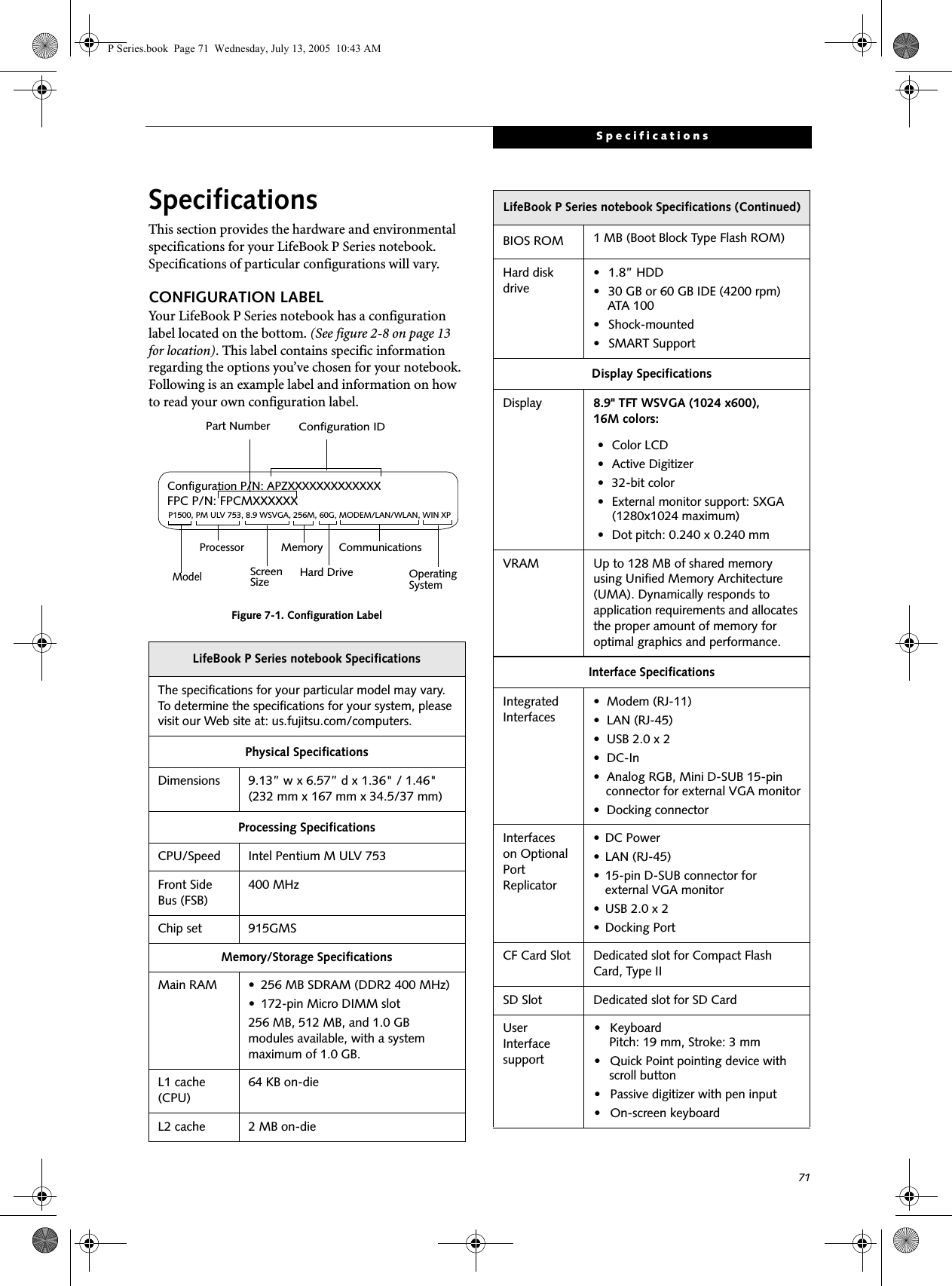 71SpecificationsSpecificationsThis section provides the hardware and environmental specifications for your LifeBook P Series notebook. Specifications of particular configurations will vary.CONFIGURATION LABELYour LifeBook P Series notebook has a configuration label located on the bottom. (See figure 2-8 on page 13 for location). This label contains specific information regarding the options you’ve chosen for your notebook. Following is an example label and information on how to read your own configuration label.Figure 7-1. Configuration LabelLifeBook P Series notebook SpecificationsThe specifications for your particular model may vary. To determine the specifications for your system, please visit our Web site at: us.fujitsu.com/computers.Physical SpecificationsDimensions 9.13” w x 6.57” d x 1.36&quot; / 1.46&quot; (232 mm x 167 mm x 34.5/37 mm)Processing SpecificationsCPU/Speed Intel Pentium M ULV 753Front Side Bus (FSB)400 MHzChip set 915GMSMemory/Storage SpecificationsMain RAM • 256 MB SDRAM (DDR2 400 MHz)• 172-pin Micro DIMM slot256 MB, 512 MB, and 1.0 GB modules available, with a system maximum of 1.0 GB.L1 cache (CPU)64 KB on-die L2 cache 2 MB on-die P1500, PM ULV 753, 8.9 WSVGA, 256M, 60G, MODEM/LAN/WLAN, WIN XPConfiguration P/N: APZXXXXXXXXXXXXXFPC P/N: FPCMXXXXXXModelProcessorScreenSizeOperatingSystemHard Drive Part NumberConfiguration IDMemory CommunicationsBIOS ROM 1 MB (Boot Block Type Flash ROM)Hard disk drive• 1.8” HDD• 30 GB or 60 GB IDE (4200 rpm)ATA 100• Shock-mounted• SMART SupportDisplay SpecificationsDisplay 8.9&quot; TFT WSVGA (1024 x600), 16M colors:• Color LCD• Active Digitizer• 32-bit color• External monitor support: SXGA (1280x1024 maximum)• Dot pitch: 0.240 x 0.240 mmVRAM Up to 128 MB of shared memory using Unified Memory Architecture (UMA). Dynamically responds to application requirements and allocates the proper amount of memory for optimal graphics and performance. Interface SpecificationsIntegrated Interfaces• Modem (RJ-11)• LAN (RJ-45)• USB 2.0 x 2•DC-In• Analog RGB, Mini D-SUB 15-pin connector for external VGA monitor• Docking connectorInterfaceson Optional Port Replicator • DC Power• LAN (RJ-45)• 15-pin D-SUB connector for external VGA monitor• USB 2.0 x 2• Docking PortCF Card Slot Dedicated slot for Compact Flash Card, Type IISD Slot Dedicated slot for SD CardUser Interface support• Keyboard Pitch: 19 mm, Stroke: 3 mm• Quick Point pointing device with scroll button• Passive digitizer with pen input• On-screen keyboardLifeBook P Series notebook Specifications (Continued)P Series.book  Page 71  Wednesday, July 13, 2005  10:43 AM