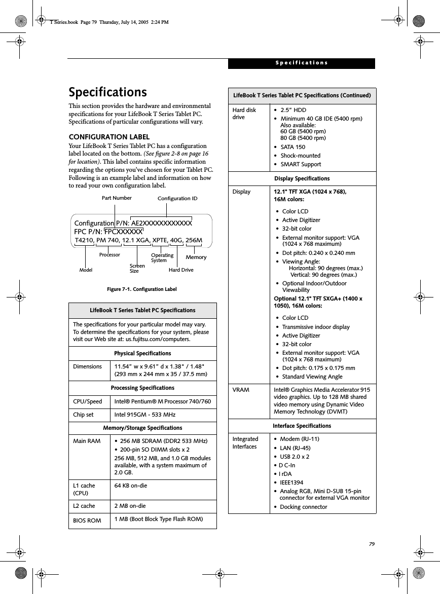 79SpecificationsSpecificationsThis section provides the hardware and environmentalspecifications for your LifeBook T Series Tablet PC.Specifications of particular configurations will vary.CONFIGURATION LABELYour LifeBook T Series Tablet PC has a configurationlabel located on the bottom. (See figure 2-8 on page 16for location). This label contains specific informationregarding the options you’ve chosen for your Tablet PC.Following is an example label and information on howto read your own configuration label.Figure 7-1. Configuration LabelLifeBook T Series Tablet PC SpecificationsThe specifications for your particular model may vary.To determine the specifications for your system, pleasevisit our Web site at: us.fujitsu.com/computers.Physical SpecificationsDimensions 11.54” w x 9.61” d x 1.38&quot; / 1.48&quot;(293 mm x 244 mm x 35 / 37.5 mm)Processing SpecificationsCPU/Speed Intel® Pentium® M Processor 740/760Chip set Intel 915GM - 533 MHzMemory/Storage SpecificationsMain RAM • 256 MB SDRAM (DDR2 533 MHz)• 200-pin SO DIMM slots x 2256 MB, 512 MB, and 1.0 GB modulesavailable, with a system maximum of2.0 GB.L1 cache(CPU)64 KB on-dieL2 cache 2 MB on-dieBIOS ROM 1 MB (Boot Block Type Flash ROM)T4210, PM 740, 12.1 XGA, XPTE, 40G, 256MConfiguration P/N: AE2XXXXXXXXXXXXFPC P/N: FPCXXXXXXModelProcessorScreenSizeOperatingSystemHard DriveMemoryPart NumberConfiguration IDHard diskdrive• 2.5” HDD• Minimum 40 GB IDE (5400 rpm)Also available:60 GB (5400 rpm)80 GB (5400 rpm)•SATA150• Shock-mounted• SMART SupportDisplay SpecificationsDisplay 12.1&quot; TFT XGA (1024 x 768),16M colors:• Color LCD• Active Digitizer• 32-bit color• External monitor support: VGA(1024 x 768 maximum)• Dot pitch: 0.240 x 0.240 mm• Viewing Angle:Horizontal: 90 degrees (max.)Vertical: 90 degrees (max.)• Optional Indoor/OutdoorViewabilityOptional 12.1&quot; TFT SXGA+ (1400 x1050), 16M colors:• Color LCD• Transmissive indoor display• Active Digitizer• 32-bit color• External monitor support: VGA(1024 x 768 maximum)• Dot pitch: 0.175 x 0.175 mm• Standard Viewing AngleVRAM Intel® Graphics Media Accelerator 915video graphics. Up to 128 MB sharedvideo memory using Dynamic VideoMemory Technology (DVMT)Interface SpecificationsIntegratedInterfaces• Modem (RJ-11)• LAN (RJ-45)•USB2.0x2•DC-In•IrDA• IEEE1394• Analog RGB, Mini D-SUB 15-pinconnector for external VGA monitor• Docking connectorLifeBook T Series Tablet PC Specifications (Continued)T Series.book Page 79 Thursday, July 14, 2005 2:24 PM
