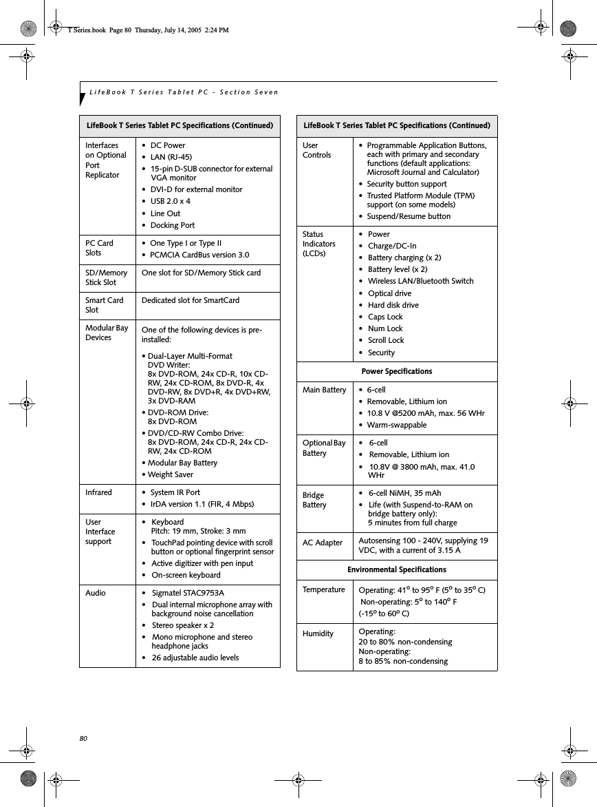 80LifeBook T Series Tablet PC - Section SevenInterfaceson Optional PortReplicator• DC Power• LAN (RJ-45)• 15-pin D-SUB connector for external VGA monitor• DVI-D for external monitor• USB 2.0 x 4• Line Out• Docking PortPC Card Slots• One Type I or Type II• PCMCIA CardBus version 3.0SD/Memory Stick SlotOne slot for SD/Memory Stick cardSmart Card SlotDedicated slot for SmartCardModular Bay Devices One of the following devices is pre-installed:• Dual-Layer Multi-Format DVD Writer: 8x DVD-ROM, 24x CD-R, 10x CD-RW, 24x CD-ROM, 8x DVD-R, 4x DVD-RW, 8x DVD+R, 4x DVD+RW, 3x DVD-RAM• DVD-ROM Drive: 8x DVD-ROM• DVD/CD-RW Combo Drive: 8x DVD-ROM, 24x CD-R, 24x CD-RW, 24x CD-ROM• Modular Bay Battery• Weight SaverInfrared • System IR Port• IrDA version 1.1 (FIR, 4 Mbps)User Interface support• Keyboard Pitch: 19 mm, Stroke: 3 mm• TouchPad pointing device with scroll button or optional fingerprint sensor• Active digitizer with pen input• On-screen keyboardAudio • Sigmatel STAC9753A• Dual internal microphone array with background noise cancellation• Stereo speaker x 2• Mono microphone and stereo headphone jacks• 26 adjustable audio levelsLifeBook T Series Tablet PC Specifications (Continued)UserControls• Programmable Application Buttons, each with primary and secondary functions (default applications: Microsoft Journal and Calculator)• Security button support• Trusted Platform Module (TPM) support (on some models)• Suspend/Resume buttonStatus Indicators (LCDs)• Power• Charge/DC-In• Battery charging (x 2)• Battery level (x 2)• Wireless LAN/Bluetooth Switch• Optical drive• Hard disk drive• Caps Lock• Num Lock• Scroll Lock• SecurityPower SpecificationsMain Battery • 6-cell • Removable, Lithium ion• 10.8 V @5200 mAh, max. 56 WHr• Warm-swappableOptional Bay Battery•6-cell• Removable, Lithium ion• 10.8V @ 3800 mAh, max. 41.0 WHrBridgeBattery• 6-cell NiMH, 35 mAh• Life (with Suspend-to-RAM on bridge battery only): 5 minutes from full chargeAC Adapter Autosensing 100 - 240V, supplying 19 VDC, with a current of 3.15 AEnvironmental SpecificationsTemperature Operating: 41o to 95o F (5o to 35oC)Non-operating: 5o to 140o F (-15oto 60oC)Humidity Operating: 20 to 80% non-condensingNon-operating:8 to 85% non-condensingLifeBook T Series Tablet PC Specifications (Continued)T Series.book  Page 80  Thursday, July 14, 2005  2:24 PM