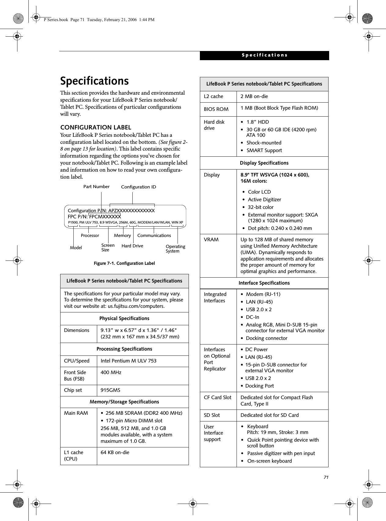 71SpecificationsSpecificationsThis section provides the hardware and environmental specifications for your LifeBook P Series notebook/Tablet PC. Specifications of particular configurations will vary.CONFIGURATION LABELYour LifeBook P Series notebook/Tablet PC has a configuration label located on the bottom. (See figure 2-8 on page 13 for location). This label contains specific information regarding the options you’ve chosen for your notebook/Tablet PC. Following is an example label and information on how to read your own configura-tion label.Figure 7-1. Configuration LabelLifeBook P Series notebook/Tablet PC SpecificationsThe specifications for your particular model may vary. To determine the specifications for your system, please visit our website at: us.fujitsu.com/computers.Physical SpecificationsDimensions 9.13” w x 6.57” d x 1.36&quot; / 1.46&quot; (232 mm x 167 mm x 34.5/37 mm)Processing SpecificationsCPU/Speed Intel Pentium M ULV 753Front Side Bus (FSB)400 MHzChip set 915GMSMemory/Storage SpecificationsMain RAM • 256 MB SDRAM (DDR2 400 MHz)• 172-pin Micro DIMM slot256 MB, 512 MB, and 1.0 GB modules available, with a system maximum of 1.0 GB.L1 cache (CPU)64 KB on-die P1500, PM ULV 753, 8.9 WSVGA, 256M, 60G, MODEM/LAN/WLAN, WIN XPConfiguration P/N: APZXXXXXXXXXXXXXFPC P/N: FPCMXXXXXXModelProcessorScreenSizeOperatingSystemHard Drive Part NumberConfiguration IDMemory CommunicationsL2 cache 2 MB on-die BIOS ROM 1 MB (Boot Block Type Flash ROM)Hard disk drive• 1.8” HDD• 30 GB or 60 GB IDE (4200 rpm)ATA 100• Shock-mounted• SMART SupportDisplay SpecificationsDisplay 8.9&quot; TFT WSVGA (1024 x 600), 16M colors:• Color LCD• Active Digitizer• 32-bit color• External monitor support: SXGA (1280 x 1024 maximum)• Dot pitch: 0.240 x 0.240 mmVRAM Up to 128 MB of shared memory using Unified Memory Architecture (UMA). Dynamically responds to application requirements and allocates the proper amount of memory for optimal graphics and performance. Interface SpecificationsIntegrated Interfaces• Modem (RJ-11)• LAN (RJ-45)• USB 2.0 x 2•DC-In• Analog RGB, Mini D-SUB 15-pin connector for external VGA monitor• Docking connectorInterfaceson Optional Port Replicator • DC Power• LAN (RJ-45)• 15-pin D-SUB connector for external VGA monitor• USB 2.0 x 2• Docking PortCF Card Slot Dedicated slot for Compact Flash Card, Type IISD Slot Dedicated slot for SD CardUser Interface support• Keyboard Pitch: 19 mm, Stroke: 3 mm• Quick Point pointing device with scroll button• Passive digitizer with pen input• On-screen keyboardLifeBook P Series notebook/Tablet PC Specifications P Series.book  Page 71  Tuesday, February 21, 2006  1:44 PM