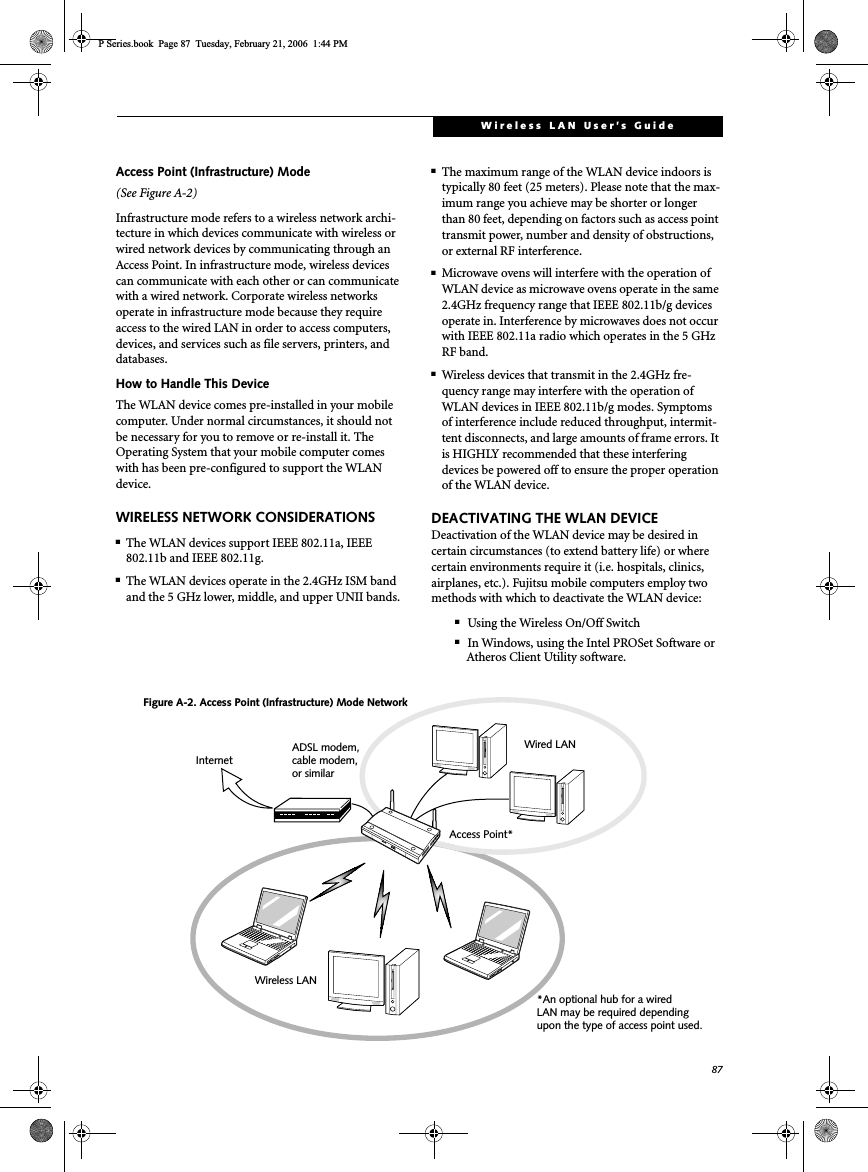 87Wireless LAN User’s Guide Access Point (Infrastructure) Mode (See Figure A-2)Infrastructure mode refers to a wireless network archi-tecture in which devices communicate with wireless or wired network devices by communicating through an Access Point. In infrastructure mode, wireless devices can communicate with each other or can communicate with a wired network. Corporate wireless networks operate in infrastructure mode because they require access to the wired LAN in order to access computers, devices, and services such as file servers, printers, and databases.How to Handle This DeviceThe WLAN device comes pre-installed in your mobile computer. Under normal circumstances, it should not be necessary for you to remove or re-install it. The Operating System that your mobile computer comes with has been pre-configured to support the WLAN device. WIRELESS NETWORK CONSIDERATIONS■The WLAN devices support IEEE 802.11a, IEEE 802.11b and IEEE 802.11g.■The WLAN devices operate in the 2.4GHz ISM band and the 5 GHz lower, middle, and upper UNII bands.■The maximum range of the WLAN device indoors is typically 80 feet (25 meters). Please note that the max-imum range you achieve may be shorter or longer than 80 feet, depending on factors such as access point transmit power, number and density of obstructions, or external RF interference.■Microwave ovens will interfere with the operation of WLAN device as microwave ovens operate in the same 2.4GHz frequency range that IEEE 802.11b/g devices operate in. Interference by microwaves does not occur with IEEE 802.11a radio which operates in the 5 GHz RF band.■Wireless devices that transmit in the 2.4GHz fre-quency range may interfere with the operation of WLAN devices in IEEE 802.11b/g modes. Symptoms of interference include reduced throughput, intermit-tent disconnects, and large amounts of frame errors. It is HIGHLY recommended that these interfering devices be powered off to ensure the proper operation of the WLAN device.DEACTIVATING THE WLAN DEVICEDeactivation of the WLAN device may be desired in certain circumstances (to extend battery life) or where certain environments require it (i.e. hospitals, clinics, airplanes, etc.). Fujitsu mobile computers employ two methods with which to deactivate the WLAN device:■Using the Wireless On/Off Switch■In Windows, using the Intel PROSet Software or Atheros Client Utility software.Figure A-2. Access Point (Infrastructure) Mode NetworkADSL modem,cable modem,or similarInternetWired LANAccess Point*Wireless LAN*An optional hub for a wiredLAN may be required dependingupon the type of access point used.P Series.book  Page 87  Tuesday, February 21, 2006  1:44 PM