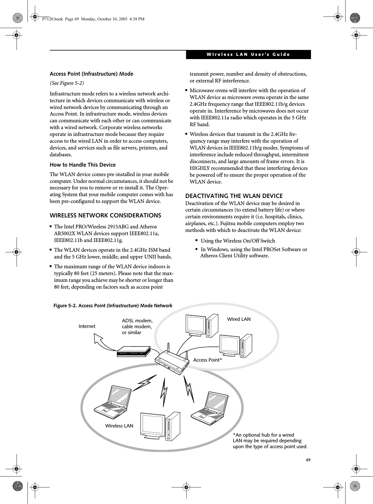 49WIreless LAN User’s Guide Access Point (Infrastructure) Mode (See Figure 5-2)Infrastructure mode refers to a wireless network archi-tecture in which devices communicate with wireless or wired network devices by communicating through an Access Point. In infrastructure mode, wireless devices can communicate with each other or can communicate with a wired network. Corporate wireless networks operate in infrastructure mode because they require access to the wired LAN in order to access computers, devices, and services such as file servers, printers, and databases.How to Handle This DeviceThe WLAN device comes pre-installed in your mobile computer. Under normal circumstances, it should not be necessary for you to remove or re-install it. The Oper-ating System that your mobile computer comes with has been pre-configured to support the WLAN device. WIRELESS NETWORK CONSIDERATIONS■The Intel PRO/Wireless 2915ABG and Atheros AR5002X WLAN devices support IEEE802.11a, IEEE802.11b and IEEE802.11g.■The WLAN devices operate in the 2.4GHz ISM band and the 5 GHz lower, middle, and upper UNII bands.■The maximum range of the WLAN device indoors is typically 80 feet (25 meters). Please note that the max-imum range you achieve may be shorter or longer than 80 feet, depending on factors such as access point transmit power, number and density of obstructions, or external RF interference.■Microwave ovens will interfere with the operation of WLAN device as microwave ovens operate in the same 2.4GHz frequency range that IEEE802.11b/g devices operate in. Interference by microwaves does not occur with IEEE802.11a radio which operates in the 5 GHz RF band.■Wireless devices that transmit in the 2.4GHz fre-quency range may interfere with the operation of WLAN devices in IEEE802.11b/g modes. Symptoms of interference include reduced throughput, intermittent disconnects, and large amounts of frame errors. It is HIGHLY recommended that these interfering devices be powered off to ensure the proper operation of the WLAN device.DEACTIVATING THE WLAN DEVICEDeactivation of the WLAN device may be desired in certain circumstances (to extend battery life) or where certain environments require it (i.e. hospitals, clinics, airplanes, etc.). Fujitsu mobile computers employ two methods with which to deactivate the WLAN device:■Using the Wireless On/Off Switch■In Windows, using the Intel PROSet Software or Atheros Client Utility software.Figure 5-2. Access Point (Infrastructure) Mode NetworkADSL modem,cable modem,or similarInternetWired LANAccess Point*Wireless LAN*An optional hub for a wiredLAN may be required dependingupon the type of access point used.P7120.book  Page 49  Monday, October 10, 2005  4:38 PM