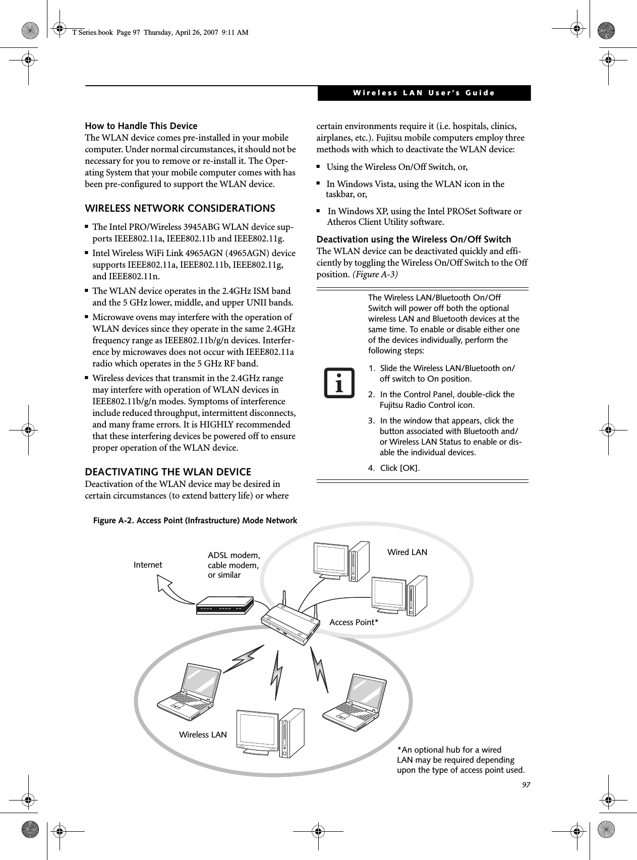 97Wireless LAN User’s Guide How to Handle This DeviceThe WLAN device comes pre-installed in your mobile computer. Under normal circumstances, it should not be necessary for you to remove or re-install it. The Oper-ating System that your mobile computer comes with has been pre-configured to support the WLAN device. WIRELESS NETWORK CONSIDERATIONS■The Intel PRO/Wireless 3945ABG WLAN device sup-ports IEEE802.11a, IEEE802.11b and IEEE802.11g.■Intel Wireless WiFi Link 4965AGN (4965AGN) device supports IEEE802.11a, IEEE802.11b, IEEE802.11g, and IEEE802.11n.■The WLAN device operates in the 2.4GHz ISM band and the 5 GHz lower, middle, and upper UNII bands.■Microwave ovens may interfere with the operation of WLAN devices since they operate in the same 2.4GHz frequency range as IEEE802.11b/g/n devices. Interfer-ence by microwaves does not occur with IEEE802.11a radio which operates in the 5 GHz RF band.■Wireless devices that transmit in the 2.4GHz range may interfere with operation of WLAN devices in IEEE802.11b/g/n modes. Symptoms of interference include reduced throughput, intermittent disconnects, and many frame errors. It is HIGHLY recommended that these interfering devices be powered off to ensure proper operation of the WLAN device.DEACTIVATING THE WLAN DEVICEDeactivation of the WLAN device may be desired in certain circumstances (to extend battery life) or where certain environments require it (i.e. hospitals, clinics, airplanes, etc.). Fujitsu mobile computers employ three methods with which to deactivate the WLAN device:■Using the Wireless On/Off Switch, or,■In Windows Vista, using the WLAN icon in the taskbar, or,■In Windows XP, using the Intel PROSet Software or Atheros Client Utility software.Deactivation using the Wireless On/Off SwitchThe WLAN device can be deactivated quickly and effi-ciently by toggling the Wireless On/Off Switch to the Off position. (Figure A-3)The Wireless LAN/Bluetooth On/Off Switch will power off both the optional wireless LAN and Bluetooth devices at the same time. To enable or disable either one of the devices individually, perform the following steps:1. Slide the Wireless LAN/Bluetooth on/off switch to On position.2. In the Control Panel, double-click the Fujitsu Radio Control icon.3. In the window that appears, click the button associated with Bluetooth and/or Wireless LAN Status to enable or dis-able the individual devices.4. Click [OK].Figure A-2. Access Point (Infrastructure) Mode NetworkADSL modem,cable modem,or similarInternetWired LANAccess Point*Wireless LAN*An optional hub for a wiredLAN may be required dependingupon the type of access point used.T Series.book  Page 97  Thursday, April 26, 2007  9:11 AM