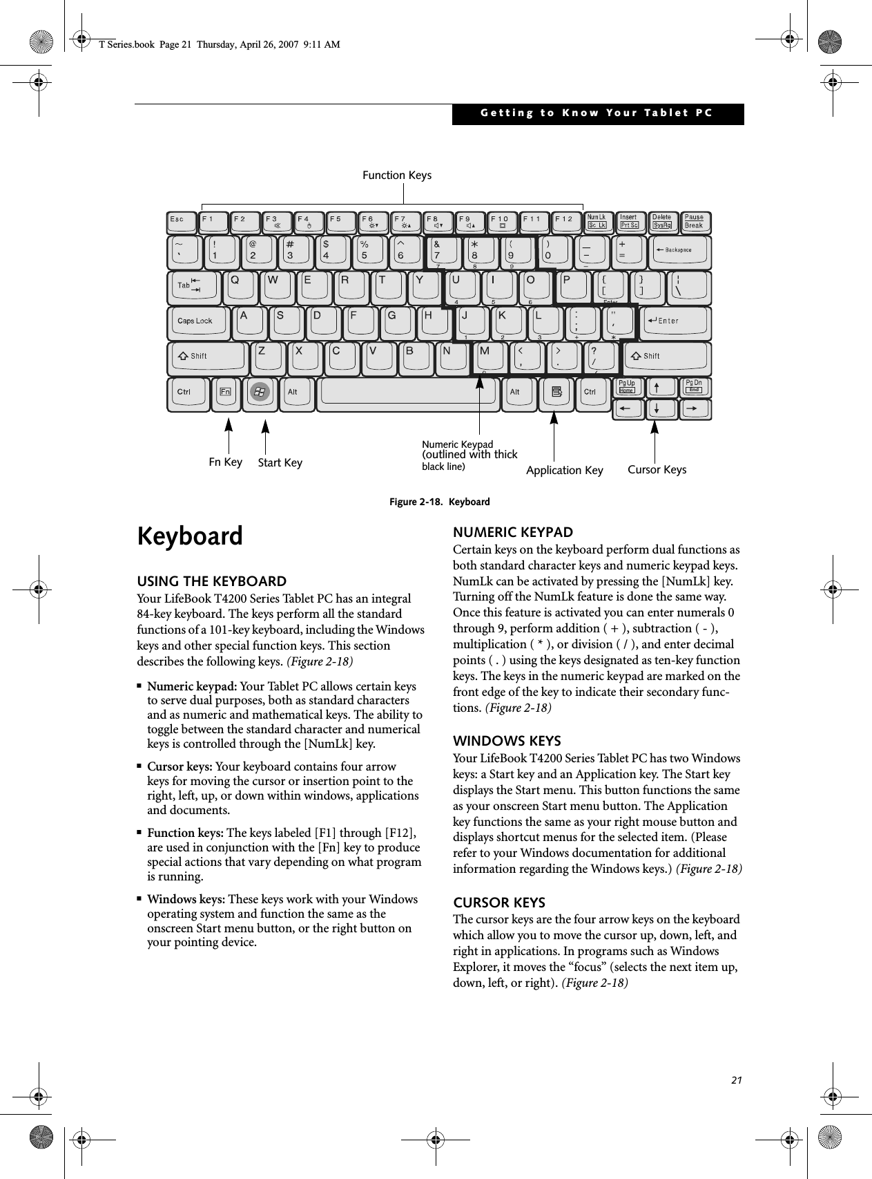 21Getting to Know Your Tablet PCFigure 2-18.  KeyboardKeyboardUSING THE KEYBOARDYour LifeBook T4200 Series Tablet PC has an integral 84-key keyboard. The keys perform all the standard functions of a 101-key keyboard, including the Windows keys and other special function keys. This section describes the following keys. (Figure 2-18)■Numeric keypad: Your Tablet PC allows certain keys to serve dual purposes, both as standard characters and as numeric and mathematical keys. The ability to toggle between the standard character and numerical keys is controlled through the [NumLk] key.■Cursor keys: Your keyboard contains four arrowkeys for moving the cursor or insertion point to the right, left, up, or down within windows, applications and documents. ■Function keys: The keys labeled [F1] through [F12], are used in conjunction with the [Fn] key to produce special actions that vary depending on what program is running. ■Windows keys: These keys work with your Windows operating system and function the same as the onscreen Start menu button, or the right button on your pointing device.NUMERIC KEYPADCertain keys on the keyboard perform dual functions as both standard character keys and numeric keypad keys. NumLk can be activated by pressing the [NumLk] key. Turning off the NumLk feature is done the same way. Once this feature is activated you can enter numerals 0 through 9, perform addition ( + ), subtraction ( - ),multiplication ( * ), or division ( / ), and enter decimal points ( . ) using the keys designated as ten-key function keys. The keys in the numeric keypad are marked on the front edge of the key to indicate their secondary func-tions. (Figure 2-18) WINDOWS KEYSYour LifeBook T4200 Series Tablet PC has two Windows keys: a Start key and an Application key. The Start key displays the Start menu. This button functions the same as your onscreen Start menu button. The Application key functions the same as your right mouse button and displays shortcut menus for the selected item. (Please refer to your Windows documentation for additional information regarding the Windows keys.) (Figure 2-18)CURSOR KEYSThe cursor keys are the four arrow keys on the keyboard which allow you to move the cursor up, down, left, and right in applications. In programs such as Windows Explorer, it moves the “focus” (selects the next item up, down, left, or right). (Figure 2-18)EndHomeFn Key Start KeyFunction KeysNumeric KeypadApplication Key Cursor Keys(outlined with thickblack line) T Series.book  Page 21  Thursday, April 26, 2007  9:11 AM