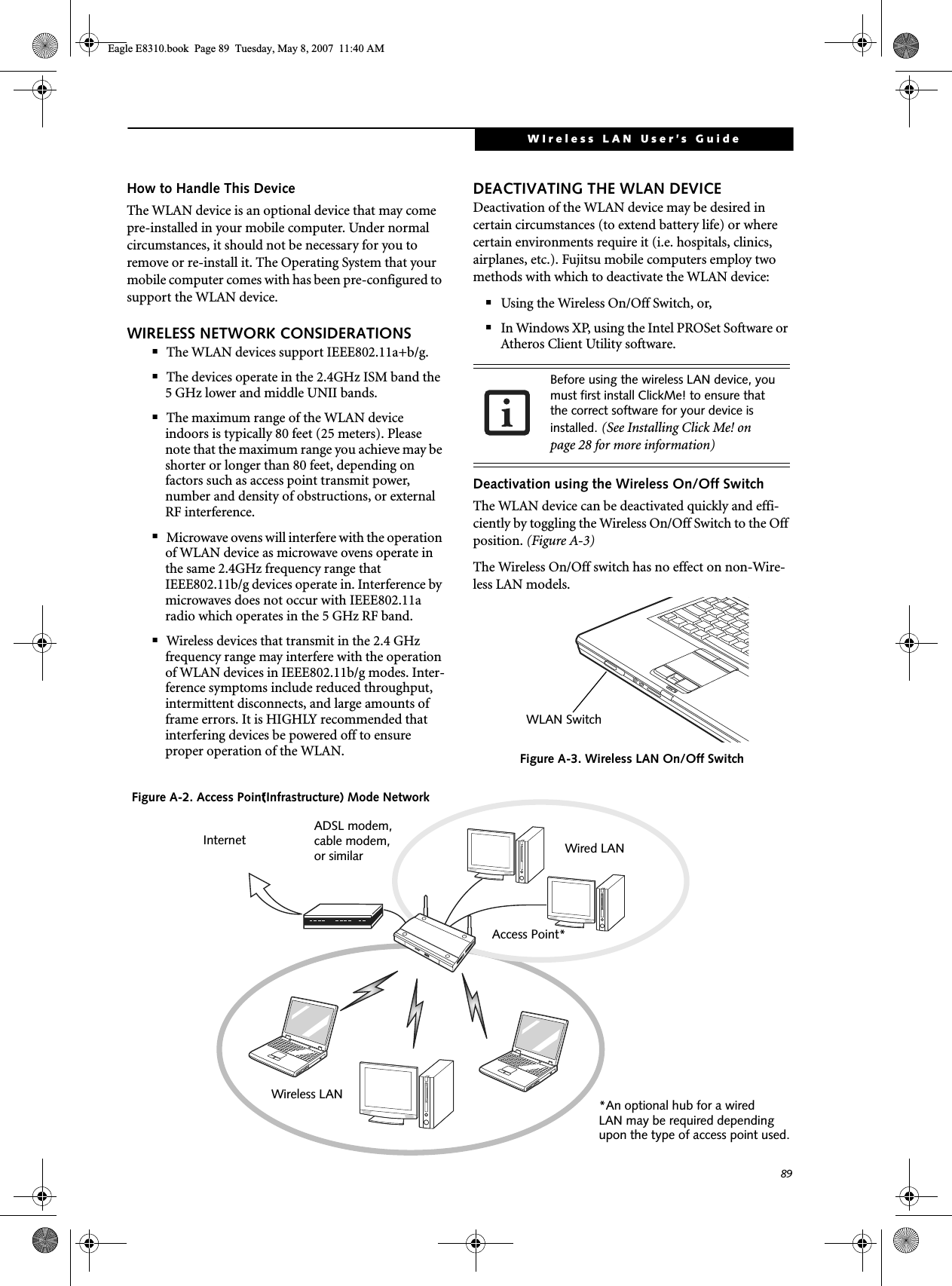 89WIreless LAN User’s Guide How to Handle This DeviceThe WLAN device is an optional device that may come pre-installed in your mobile computer. Under normal circumstances, it should not be necessary for you to remove or re-install it. The Operating System that your mobile computer comes with has been pre-configured to support the WLAN device.WIRELESS NETWORK CONSIDERATIONS■The WLAN devices support IEEE802.11a+b/g.■The devices operate in the 2.4GHz ISM band the 5 GHz lower and middle UNII bands.■The maximum range of the WLAN device indoors is typically 80 feet (25 meters). Please note that the maximum range you achieve may be shorter or longer than 80 feet, depending on factors such as access point transmit power, number and density of obstructions, or external RF interference.■Microwave ovens will interfere with the operation of WLAN device as microwave ovens operate in the same 2.4GHz frequency range that IEEE802.11b/g devices operate in. Interference by microwaves does not occur with IEEE802.11a radio which operates in the 5 GHz RF band.■Wireless devices that transmit in the 2.4 GHz frequency range may interfere with the operation of WLAN devices in IEEE802.11b/g modes. Inter-ference symptoms include reduced throughput, intermittent disconnects, and large amounts of frame errors. It is HIGHLY recommended that interfering devices be powered off to ensure proper operation of the WLAN.DEACTIVATING THE WLAN DEVICEDeactivation of the WLAN device may be desired in certain circumstances (to extend battery life) or where certain environments require it (i.e. hospitals, clinics, airplanes, etc.). Fujitsu mobile computers employ two methods with which to deactivate the WLAN device:■Using the Wireless On/Off Switch, or,■In Windows XP, using the Intel PROSet Software or Atheros Client Utility software.Deactivation using the Wireless On/Off SwitchThe WLAN device can be deactivated quickly and effi-ciently by toggling the Wireless On/Off Switch to the Off position. (Figure A-3)The Wireless On/Off switch has no effect on non-Wire-less LAN models.Figure A-3. Wireless LAN On/Off SwitchBefore using the wireless LAN device, you must first install ClickMe! to ensure that the correct software for your device is installed. (See Installing Click Me! on page 28 for more information)WLAN SwitchFigure A-2. Access Point ADSL modem,cable modem,or similarInternet Wired LANAccess Point*Wireless LAN *An optional hub for a wiredLAN may be required dependingupon the type of access point used.       (Infrastructure) Mode NetworkEagle E8310.book  Page 89  Tuesday, May 8, 2007  11:40 AM