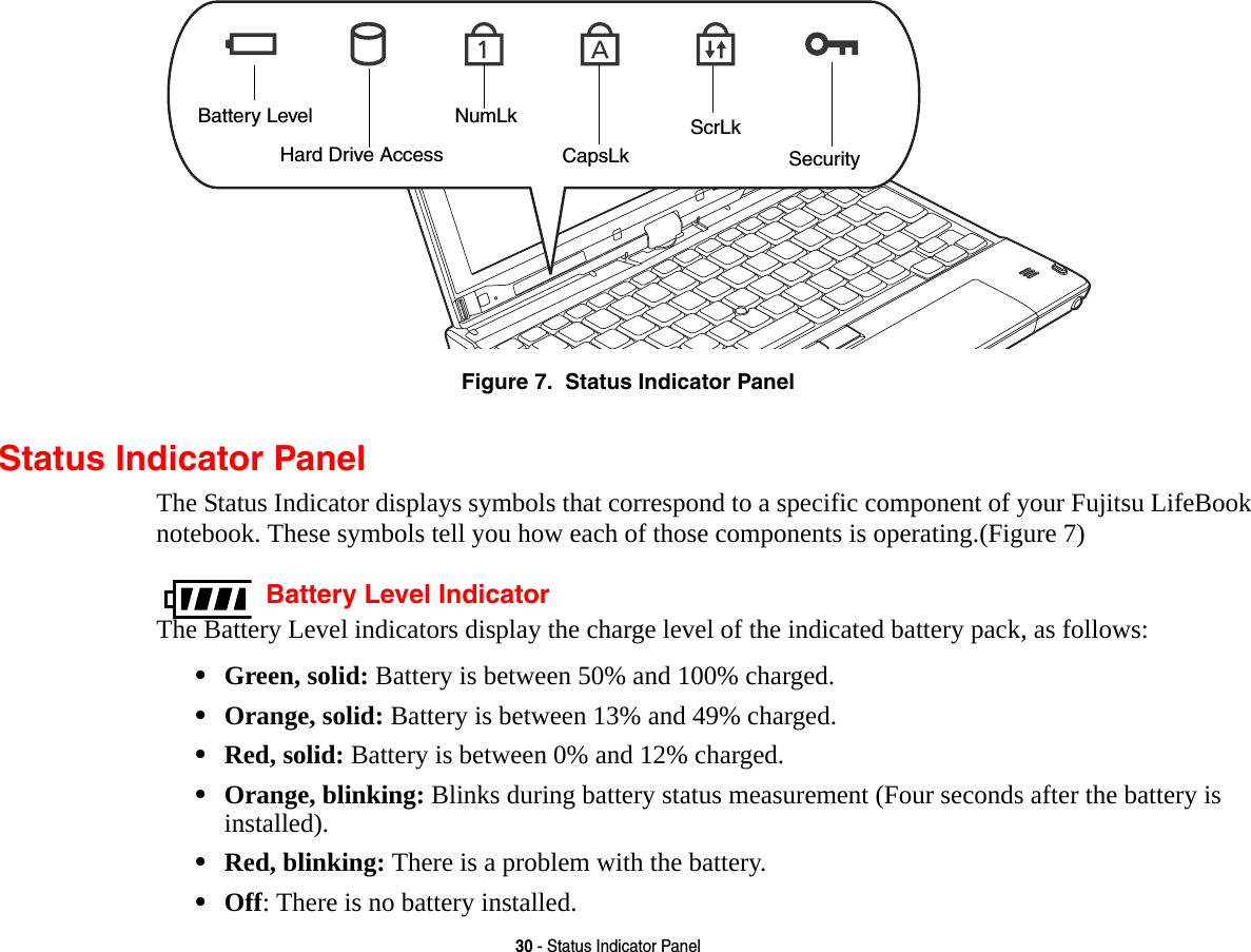 30 - Status Indicator PanelFigure 7.  Status Indicator PanelStatus Indicator PanelThe Status Indicator displays symbols that correspond to a specific component of your Fujitsu LifeBook notebook. These symbols tell you how each of those components is operating.(Figure 7)  Battery Level IndicatorThe Battery Level indicators display the charge level of the indicated battery pack, as follows:•Green, solid: Battery is between 50% and 100% charged.•Orange, solid: Battery is between 13% and 49% charged.•Red, solid: Battery is between 0% and 12% charged.•Orange, blinking: Blinks during battery status measurement (Four seconds after the battery is installed).•Red, blinking: There is a problem with the battery.•Off: There is no battery installed.Hard Drive AccessNumLkCapsLkScrLkSecurity Battery Level