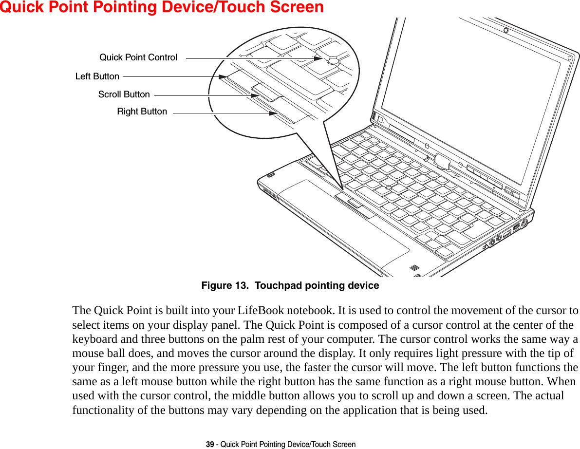 39 - Quick Point Pointing Device/Touch ScreenQuick Point Pointing Device/Touch ScreenFigure 13.  Touchpad pointing deviceThe Quick Point is built into your LifeBook notebook. It is used to control the movement of the cursor to select items on your display panel. The Quick Point is composed of a cursor control at the center of the keyboard and three buttons on the palm rest of your computer. The cursor control works the same way a mouse ball does, and moves the cursor around the display. It only requires light pressure with the tip of your finger, and the more pressure you use, the faster the cursor will move. The left button functions the same as a left mouse button while the right button has the same function as a right mouse button. When used with the cursor control, the middle button allows you to scroll up and down a screen. The actual functionality of the buttons may vary depending on the application that is being used.Left ButtonRight ButtonScroll ButtonQuick Point Control