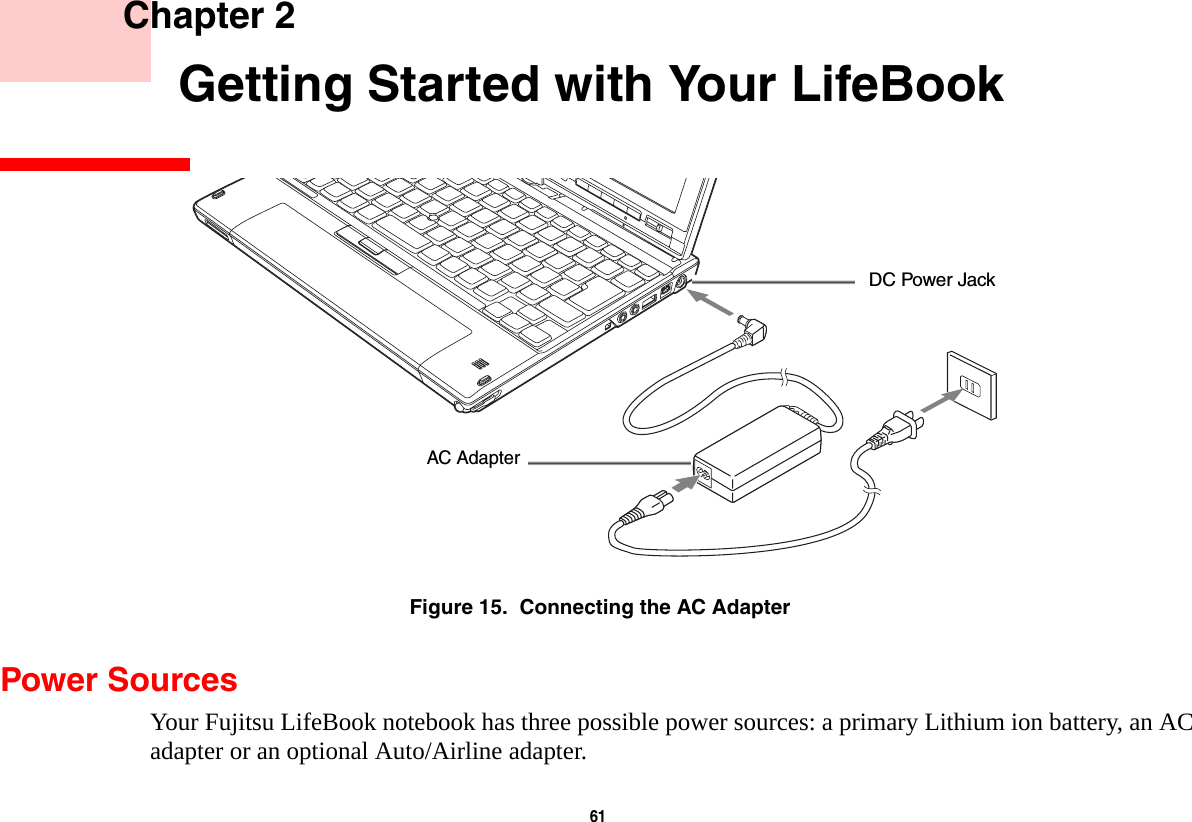 61     Chapter 2    Getting Started with Your LifeBookFigure 15.  Connecting the AC AdapterPower SourcesYour Fujitsu LifeBook notebook has three possible power sources: a primary Lithium ion battery, an AC adapter or an optional Auto/Airline adapter.DC Power JackAC Adapter