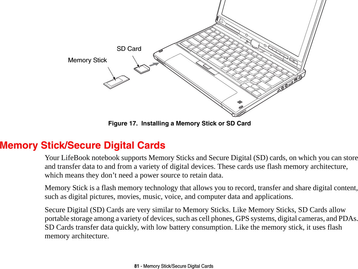 81 - Memory Stick/Secure Digital CardsFigure 17.  Installing a Memory Stick or SD CardMemory Stick/Secure Digital CardsYour LifeBook notebook supports Memory Sticks and Secure Digital (SD) cards, on which you can store and transfer data to and from a variety of digital devices. These cards use flash memory architecture, which means they don’t need a power source to retain data. Memory Stick is a flash memory technology that allows you to record, transfer and share digital content, such as digital pictures, movies, music, voice, and computer data and applications.Secure Digital (SD) Cards are very similar to Memory Sticks. Like Memory Sticks, SD Cards allow portable storage among a variety of devices, such as cell phones, GPS systems, digital cameras, and PDAs. SD Cards transfer data quickly, with low battery consumption. Like the memory stick, it uses flash memory architecture.Memory StickSD Card