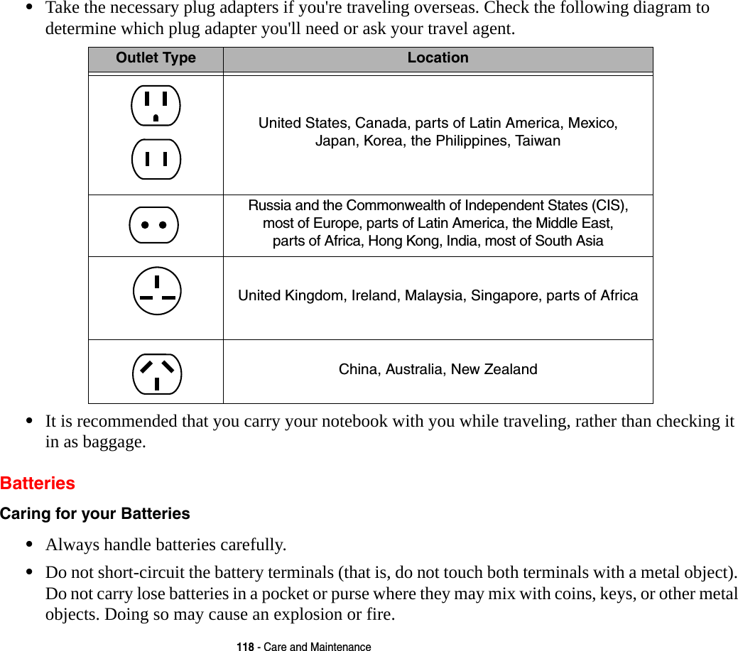 118 - Care and Maintenance•Take the necessary plug adapters if you&apos;re traveling overseas. Check the following diagram to determine which plug adapter you&apos;ll need or ask your travel agent.•It is recommended that you carry your notebook with you while traveling, rather than checking it in as baggage.BatteriesCaring for your Batteries •Always handle batteries carefully.•Do not short-circuit the battery terminals (that is, do not touch both terminals with a metal object). Do not carry lose batteries in a pocket or purse where they may mix with coins, keys, or other metal objects. Doing so may cause an explosion or fire.Outlet Type LocationUnited States, Canada, parts of Latin America, Mexico, Japan, Korea, the Philippines, TaiwanRussia and the Commonwealth of Independent States (CIS), most of Europe, parts of Latin America, the Middle East, parts of Africa, Hong Kong, India, most of South AsiaUnited Kingdom, Ireland, Malaysia, Singapore, parts of AfricaChina, Australia, New Zealand