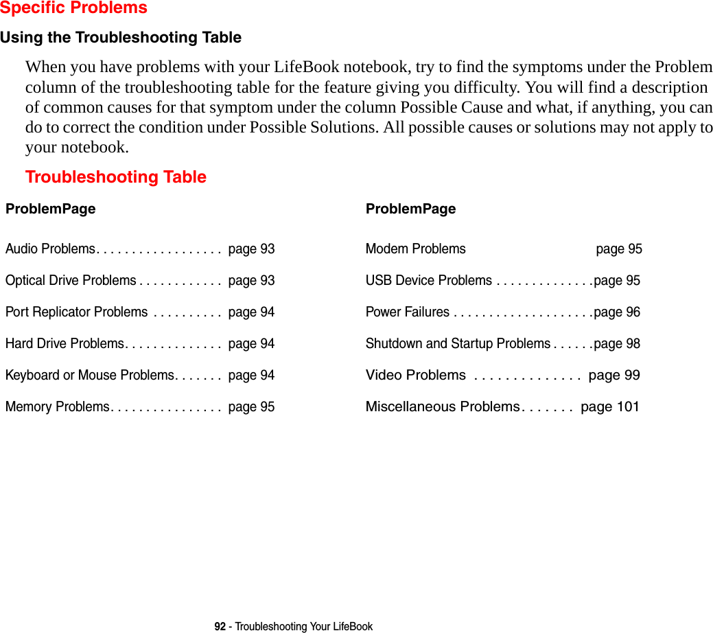 92 - Troubleshooting Your LifeBookSpecific ProblemsUsing the Troubleshooting Table When you have problems with your LifeBook notebook, try to find the symptoms under the Problem column of the troubleshooting table for the feature giving you difficulty. You will find a description of common causes for that symptom under the column Possible Cause and what, if anything, you can do to correct the condition under Possible Solutions. All possible causes or solutions may not apply to your notebook.Troubleshooting TableProblemPageAudio Problems. . . . . . . . . . . . . . . . . .  page 93Optical Drive Problems . . . . . . . . . . . .  page 93Port Replicator Problems  . . . . . . . . . .  page 94Hard Drive Problems. . . . . . . . . . . . . .  page 94Keyboard or Mouse Problems. . . . . . .  page 94Memory Problems. . . . . . . . . . . . . . . .  page 95ProblemPageModem Problems page 95USB Device Problems . . . . . . . . . . . . . .page 95Power Failures . . . . . . . . . . . . . . . . . . . .page 96Shutdown and Startup Problems . . . . . .page 98Video Problems  . . . . . . . . . . . . . .  page 99Miscellaneous Problems. . . . . . .  page 101