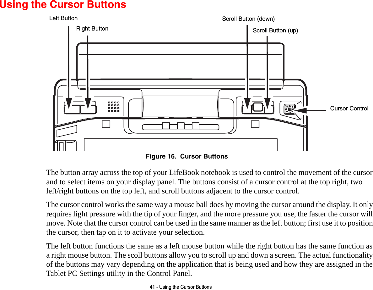 41 - Using the Cursor ButtonsUsing the Cursor ButtonsFigure 16.  Cursor ButtonsThe button array across the top of your LifeBook notebook is used to control the movement of the cursor and to select items on your display panel. The buttons consist of a cursor control at the top right, two left/right buttons on the top left, and scroll buttons adjacent to the cursor control. The cursor control works the same way a mouse ball does by moving the cursor around the display. It only requires light pressure with the tip of your finger, and the more pressure you use, the faster the cursor will move. Note that the cursor control can be used in the same manner as the left button; first use it to position the cursor, then tap on it to activate your selection.The left button functions the same as a left mouse button while the right button has the same function as a right mouse button. The scoll buttons allow you to scroll up and down a screen. The actual functionality of the buttons may vary depending on the application that is being used and how they are assigned in the Tablet PC Settings utility in the Control Panel.Left ButtonRight ButtonScroll Button (down)Cursor ControlScroll Button (up)