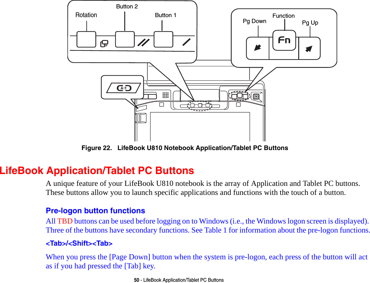 50 - LifeBook Application/Tablet PC ButtonsFigure 22.   LifeBook U810 Notebook Application/Tablet PC Buttons LifeBook Application/Tablet PC ButtonsA unique feature of your LifeBook U810 notebook is the array of Application and Tablet PC buttons. These buttons allow you to launch specific applications and functions with the touch of a button. Pre-logon button functionsAll TBD buttons can be used before logging on to Windows (i.e., the Windows logon screen is displayed). Three of the buttons have secondary functions. See Table 1 for information about the pre-logon functions.&lt;Tab&gt;/&lt;Shift&gt;&lt;Tab&gt; When you press the [Page Down] button when the system is pre-logon, each press of the button will act as if you had pressed the [Tab] key.RotationButton 2Button 1 Pg Down Pg UpFunction