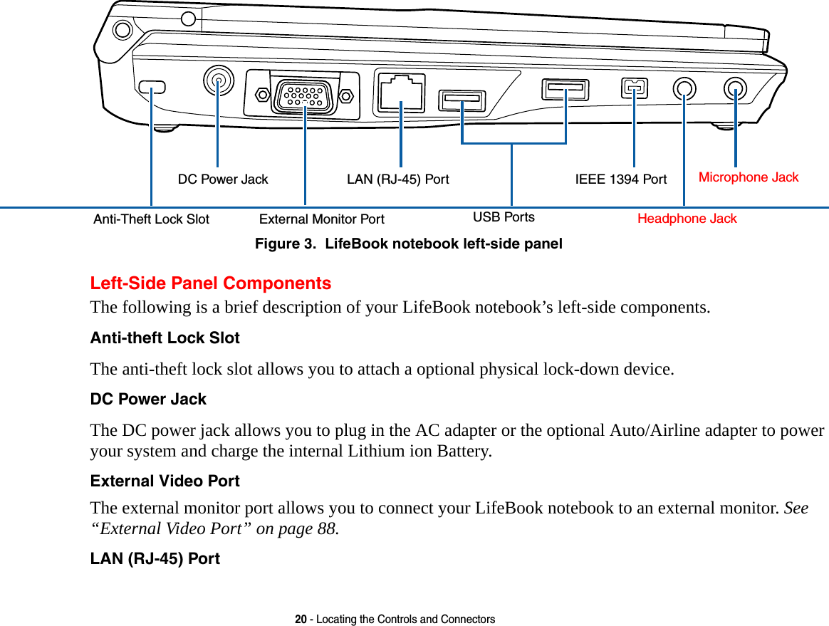 20 - Locating the Controls and Connectors Figure 3.  LifeBook notebook left-side panelLeft-Side Panel ComponentsThe following is a brief description of your LifeBook notebook’s left-side components. Anti-theft Lock Slot The anti-theft lock slot allows you to attach a optional physical lock-down device.DC Power Jack The DC power jack allows you to plug in the AC adapter or the optional Auto/Airline adapter to power your system and charge the internal Lithium ion Battery.External Video Port The external monitor port allows you to connect your LifeBook notebook to an external monitor. See “External Video Port” on page 88.LAN (RJ-45) Port Anti-Theft Lock SlotDC Power JackExternal Monitor PortLAN (RJ-45) PortUSB PortsIEEE 1394 PortHeadphone JackMicrophone Jack
