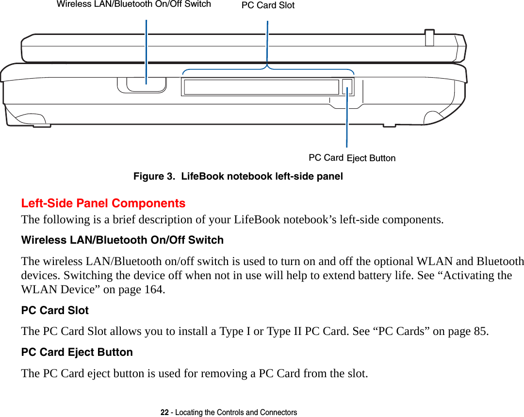 22 - Locating the Controls and Connectors Figure 3.  LifeBook notebook left-side panelLeft-Side Panel ComponentsThe following is a brief description of your LifeBook notebook’s left-side components. Wireless LAN/Bluetooth On/Off Switch The wireless LAN/Bluetooth on/off switch is used to turn on and off the optional WLAN and Bluetooth devices. Switching the device off when not in use will help to extend battery life. See “Activating the WLAN Device” on page 164.PC Card Slot The PC Card Slot allows you to install a Type I or Type II PC Card. See “PC Cards” on page 85.PC Card Eject Button The PC Card eject button is used for removing a PC Card from the slot.PC Card SlotPC Card Eject ButtonWireless LAN/Bluetooth On/Off Switch