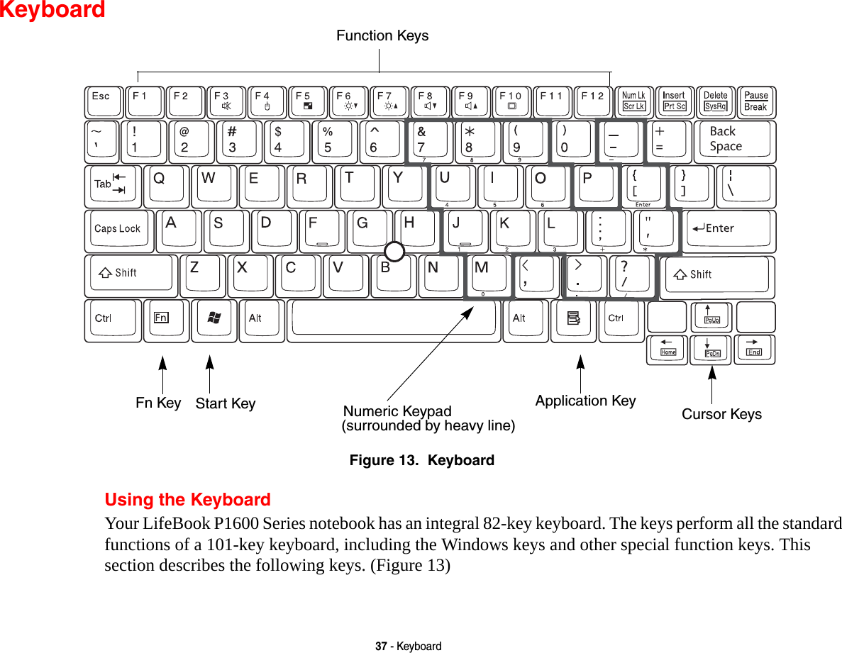 37 - KeyboardKeyboardFigure 13.  KeyboardUsing the KeyboardYour LifeBook P1600 Series notebook has an integral 82-key keyboard. The keys perform all the standard functions of a 101-key keyboard, including the Windows keys and other special function keys. This section describes the following keys. (Figure 13)Back SpaceFn Key Start KeyFunction KeysNumeric Keypad Application Key Cursor Keys(surrounded by heavy line)