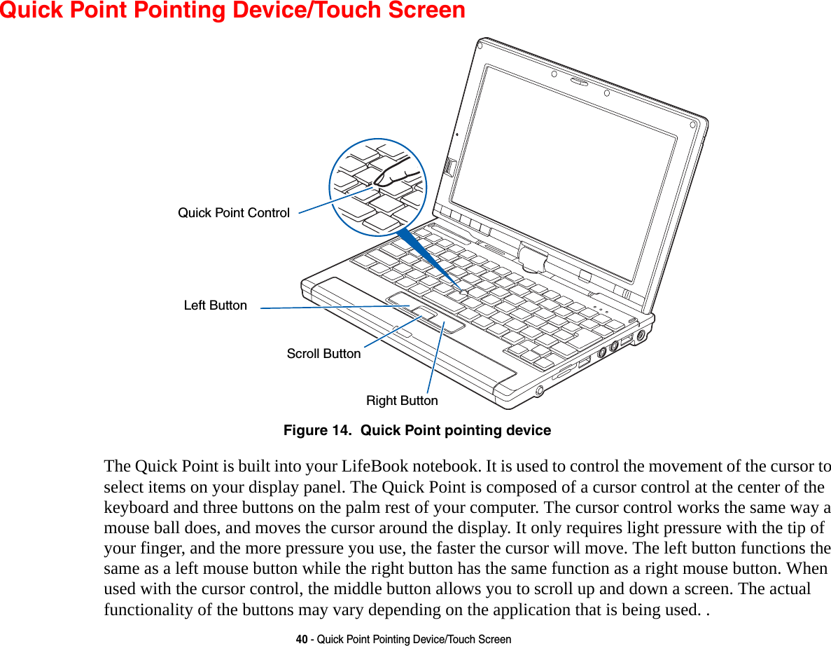 40 - Quick Point Pointing Device/Touch ScreenQuick Point Pointing Device/Touch ScreenFigure 14.  Quick Point pointing deviceThe Quick Point is built into your LifeBook notebook. It is used to control the movement of the cursor to select items on your display panel. The Quick Point is composed of a cursor control at the center of the keyboard and three buttons on the palm rest of your computer. The cursor control works the same way a mouse ball does, and moves the cursor around the display. It only requires light pressure with the tip of your finger, and the more pressure you use, the faster the cursor will move. The left button functions the same as a left mouse button while the right button has the same function as a right mouse button. When used with the cursor control, the middle button allows you to scroll up and down a screen. The actual functionality of the buttons may vary depending on the application that is being used. .Left ButtonRight ButtonScroll ButtonQuick Point Control