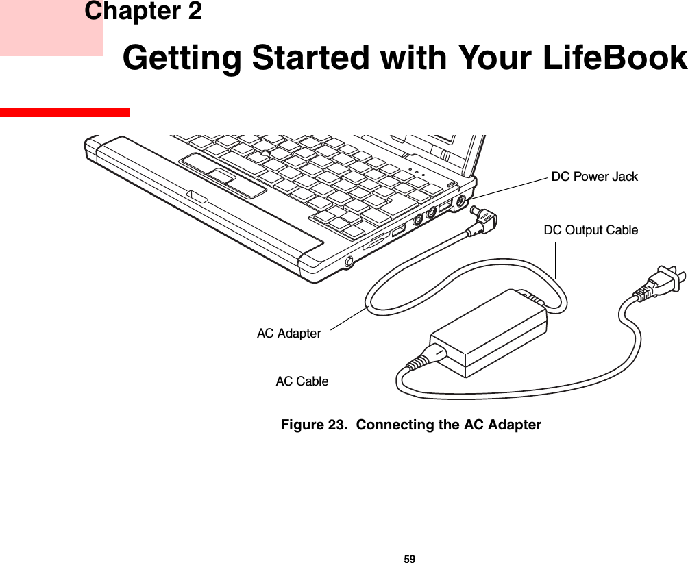 59     Chapter 2       Getting Started with Your LifeBookFigure 23.  Connecting the AC AdapterDC Power JackAC AdapterAC CableDC Output Cable
