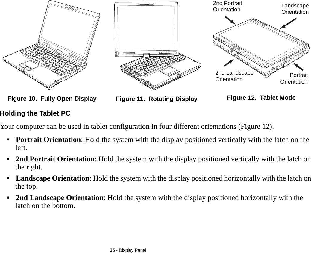 35 - Display PanelHolding the Tablet PC Your computer can be used in tablet configuration in four different orientations (Figure 12). •Portrait Orientation: Hold the system with the display positioned vertically with the latch on the left.•2nd Portrait Orientation: Hold the system with the display positioned vertically with the latch on the right.•Landscape Orientation: Hold the system with the display positioned horizontally with the latch on the top.•2nd Landscape Orientation: Hold the system with the display positioned horizontally with the latch on the bottom.Figure 10.  Fully Open Display Figure 11.  Rotating Display Figure 12.  Tablet ModeLandscapeOrientation2nd PortraitOrientationPortraitOrientation2nd LandscapeOrientation