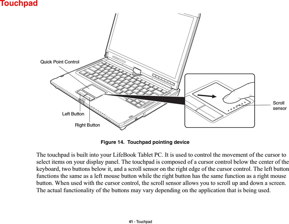 41 - TouchpadTouchpadFigure 14.  Touchpad pointing deviceThe touchpad is built into your LifeBook Tablet PC. It is used to control the movement of the cursor to select items on your display panel. The touchpad is composed of a cursor control below the center of the keyboard, two buttons below it, and a scroll sensor on the right edge of the cursor control. The left button functions the same as a left mouse button while the right button has the same function as a right mouse button. When used with the cursor control, the scroll sensor allows you to scroll up and down a screen. The actual functionality of the buttons may vary depending on the application that is being used.Left ButtonRight ButtonQuick Point ControlScrollsensor