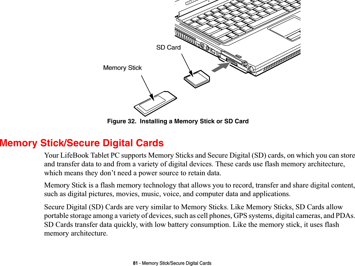 81 - Memory Stick/Secure Digital CardsFigure 32.  Installing a Memory Stick or SD CardMemory Stick/Secure Digital CardsYour LifeBook Tablet PC supports Memory Sticks and Secure Digital (SD) cards, on which you can store and transfer data to and from a variety of digital devices. These cards use flash memory architecture, which means they don’t need a power source to retain data. Memory Stick is a flash memory technology that allows you to record, transfer and share digital content, such as digital pictures, movies, music, voice, and computer data and applications.Secure Digital (SD) Cards are very similar to Memory Sticks. Like Memory Sticks, SD Cards allow portable storage among a variety of devices, such as cell phones, GPS systems, digital cameras, and PDAs. SD Cards transfer data quickly, with low battery consumption. Like the memory stick, it uses flash memory architecture.Memory StickSD Card