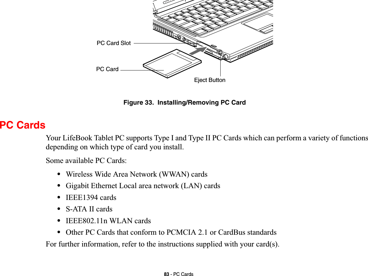 83 - PC CardsFigure 33.  Installing/Removing PC CardPC CardsYour LifeBook Tablet PC supports Type I and Type II PC Cards which can perform a variety of functions depending on which type of card you install. Some available PC Cards:•Wireless Wide Area Network (WWAN) cards•Gigabit Ethernet Local area network (LAN) cards•IEEE1394 cards•S-ATA II cards•IEEE802.11n WLAN cards•Other PC Cards that conform to PCMCIA 2.1 or CardBus standardsFor further information, refer to the instructions supplied with your card(s).Eject ButtonPC Card SlotPC Card
