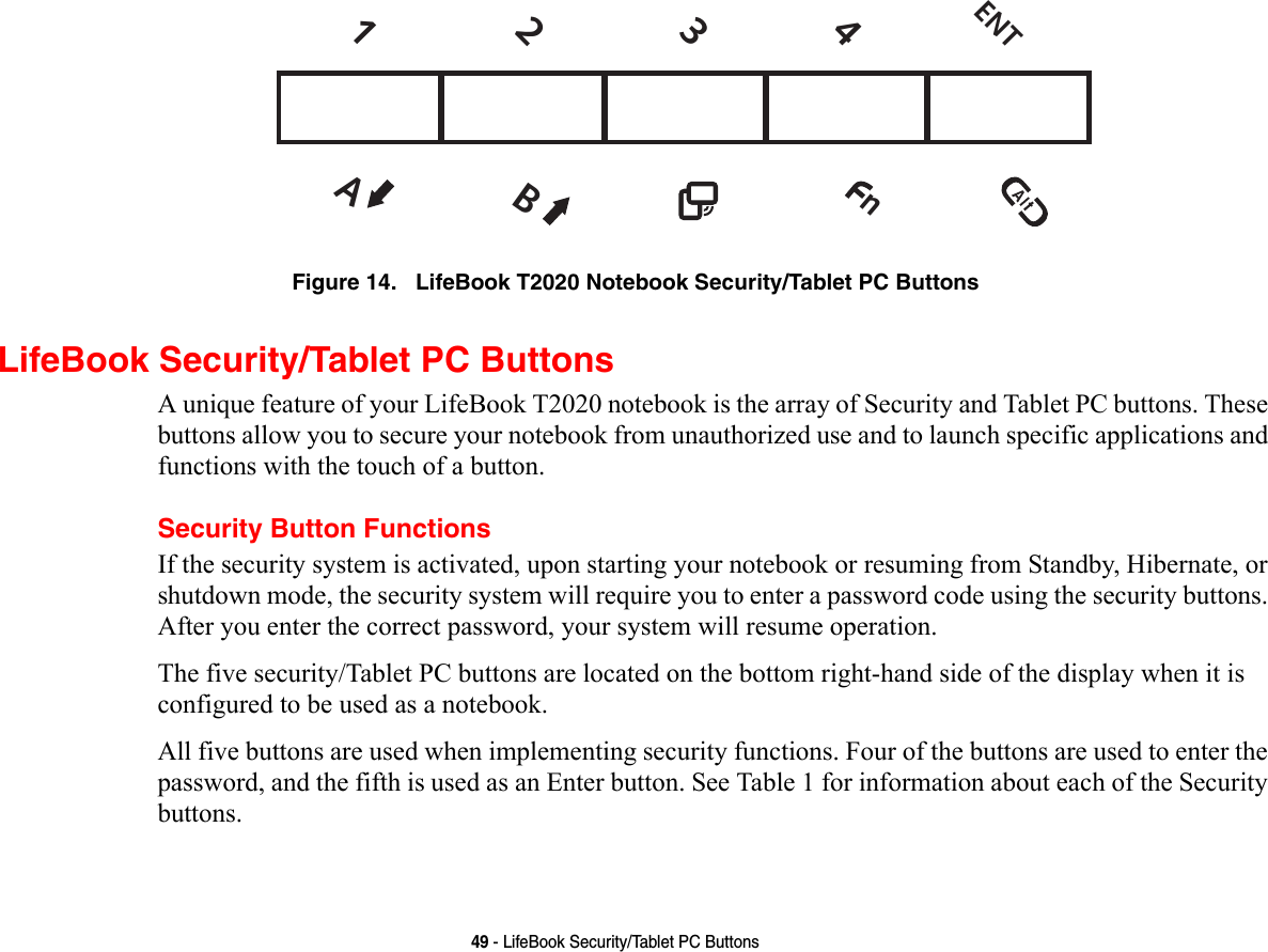 49 - LifeBook Security/Tablet PC ButtonsFigure 14.   LifeBook T2020 Notebook Security/Tablet PC Buttons LifeBook Security/Tablet PC ButtonsA unique feature of your LifeBook T2020 notebook is the array of Security and Tablet PC buttons. These buttons allow you to secure your notebook from unauthorized use and to launch specific applications and functions with the touch of a button. Security Button FunctionsIf the security system is activated, upon starting your notebook or resuming from Standby, Hibernate, or shutdown mode, the security system will require you to enter a password code using the security buttons. After you enter the correct password, your system will resume operation. The five security/Tablet PC buttons are located on the bottom right-hand side of the display when it is configured to be used as a notebook. All five buttons are used when implementing security functions. Four of the buttons are used to enter the password, and the fifth is used as an Enter button. See Table 1 for information about each of the Security buttons.ABn1234ENT