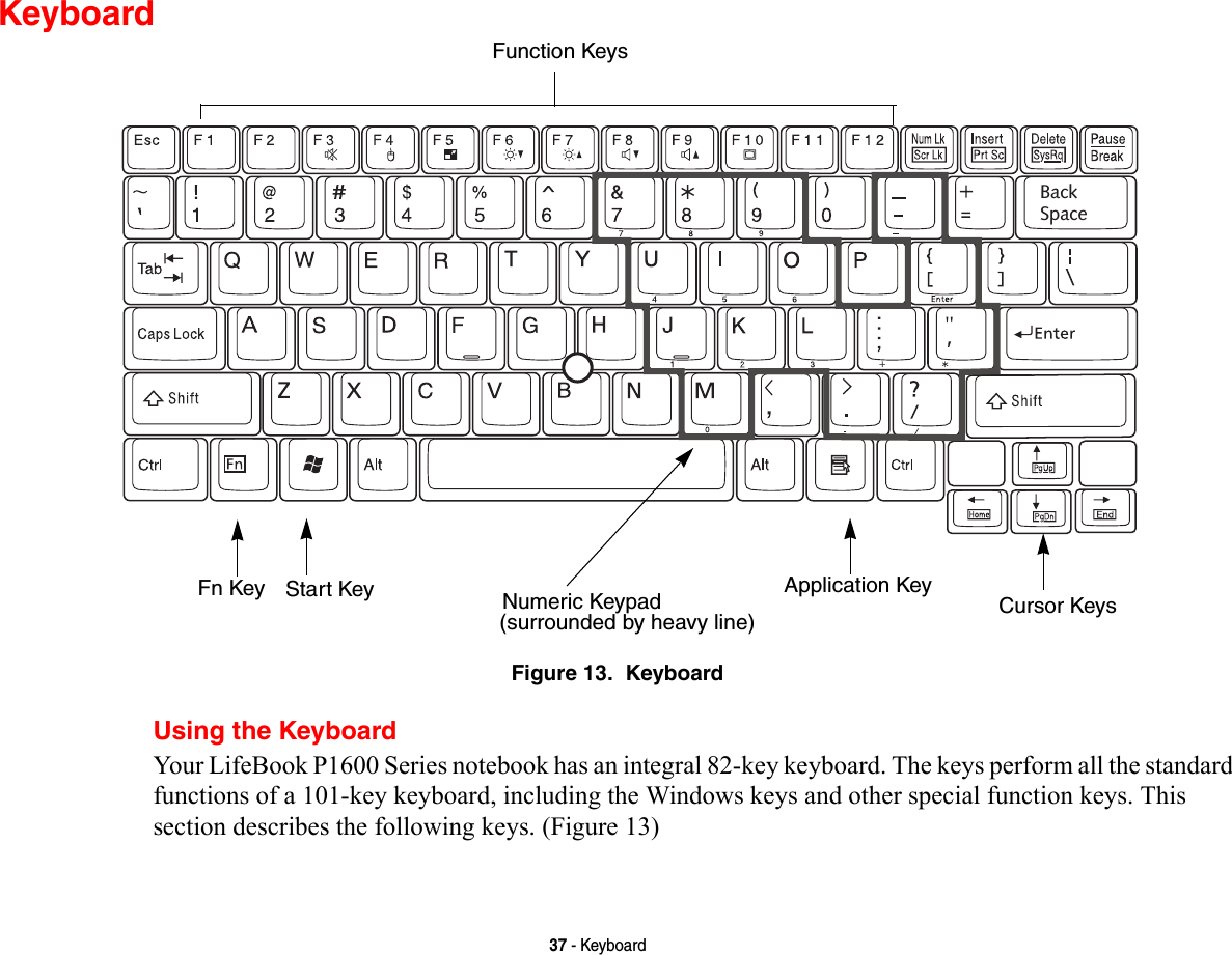 37 - KeyboardKeyboardFigure 13.  KeyboardUsing the KeyboardYour LifeBook P1600 Series notebook has an integral 82-key keyboard. The keys perform all the standard functions of a 101-key keyboard, including the Windows keys and other special function keys. This section describes the following keys. (Figure 13)Back SpaceFn Key Start KeyFunction KeysNumeric Keypad Application Key Cursor Keys(surrounded by heavy line)