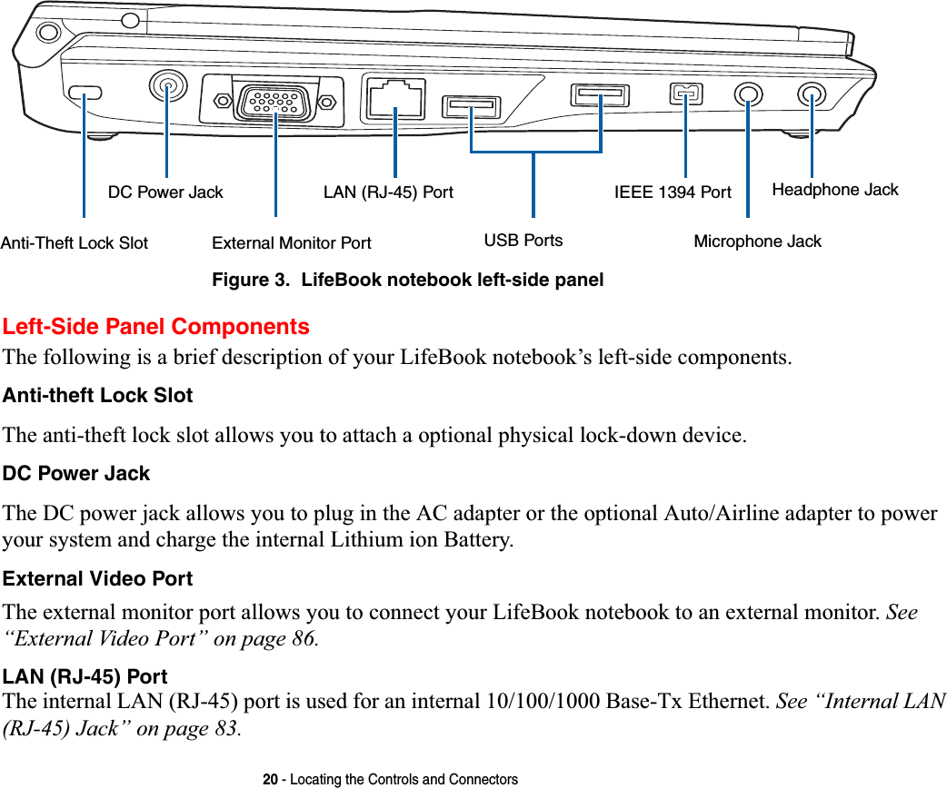 20 - Locating the Controls and ConnectorsFigure 3.  LifeBook notebook left-side panelLeft-Side Panel ComponentsThe following is a brief description of your LifeBook notebook’s left-side components. Anti-theft Lock SlotThe anti-theft lock slot allows you to attach a optional physical lock-down device.DC Power JackThe DC power jack allows you to plug in the AC adapter or the optional Auto/Airline adapter to power your system and charge the internal Lithium ion Battery.External Video PortThe external monitor port allows you to connect your LifeBook notebook to an external monitor. See “External Video Port” on page 86.LAN (RJ-45) PortThe internal LAN (RJ-45) port is used for an internal 10/100/1000 Base-Tx Ethernet. See “Internal LAN (RJ-45) Jack” on page 83.Anti-Theft Lock SlotDC Power JackExternal Monitor PortLAN (RJ-45) PortUSB PortsIEEE 1394 PortMicrophone JackHeadphone Jack
