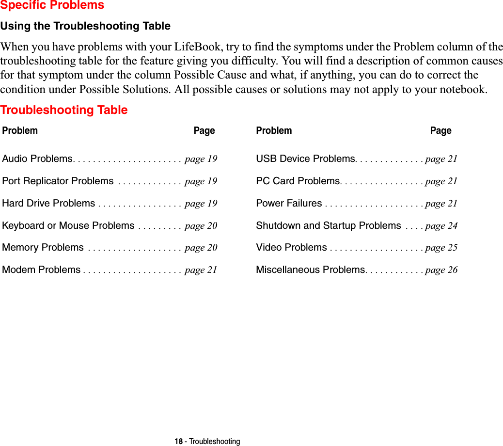 18 - TroubleshootingSpecific ProblemsUsing the Troubleshooting TableWhen you have problems with your LifeBook, try to find the symptoms under the Problem column of the troubleshooting table for the feature giving you difficulty. You will find a description of common causes for that symptom under the column Possible Cause and what, if anything, you can do to correct the condition under Possible Solutions. All possible causes or solutions may not apply to your notebook.Troubleshooting TableProblem PageAudio Problems. . . . . . . . . . . . . . . . . . . . . . page 19Port Replicator Problems  . . . . . . . . . . . . . page 19Hard Drive Problems . . . . . . . . . . . . . . . . . page 19Keyboard or Mouse Problems . . . . . . . . . page 20Memory Problems  . . . . . . . . . . . . . . . . . . . page 20Modem Problems . . . . . . . . . . . . . . . . . . . . page 21Problem PageUSB Device Problems. . . . . . . . . . . . . . page 21PC Card Problems. . . . . . . . . . . . . . . . . page 21Power Failures . . . . . . . . . . . . . . . . . . . . page 21Shutdown and Startup Problems  . . . . page 24Video Problems . . . . . . . . . . . . . . . . . . . page 25Miscellaneous Problems. . . . . . . . . . . . page 26