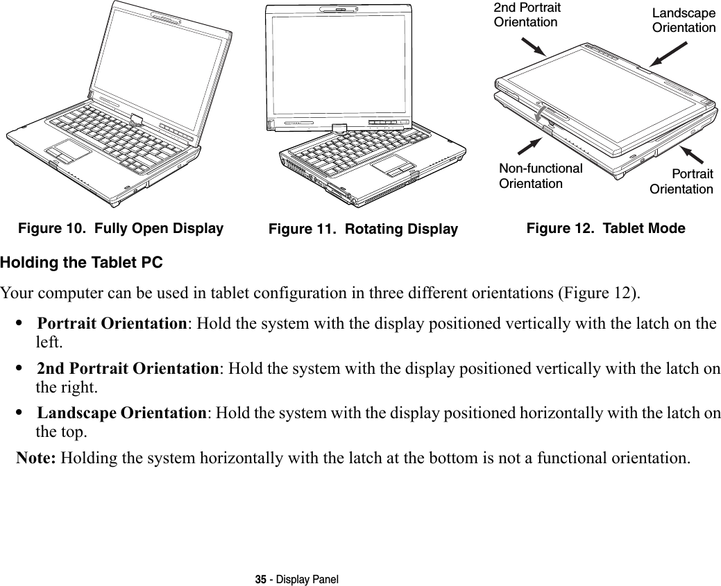 35 - Display PanelHolding the Tablet PC Your computer can be used in tablet configuration in three different orientations (Figure 12). •Portrait Orientation: Hold the system with the display positioned vertically with the latch on the left.•2nd Portrait Orientation: Hold the system with the display positioned vertically with the latch on the right.•Landscape Orientation: Hold the system with the display positioned horizontally with the latch on the top.Note: Holding the system horizontally with the latch at the bottom is not a functional orientation.Figure 10.  Fully Open Display Figure 11.  Rotating Display Figure 12.  Tablet ModeLandscapeOrientation2nd PortraitOrientationPortraitOrientationNon-functionalOrientation