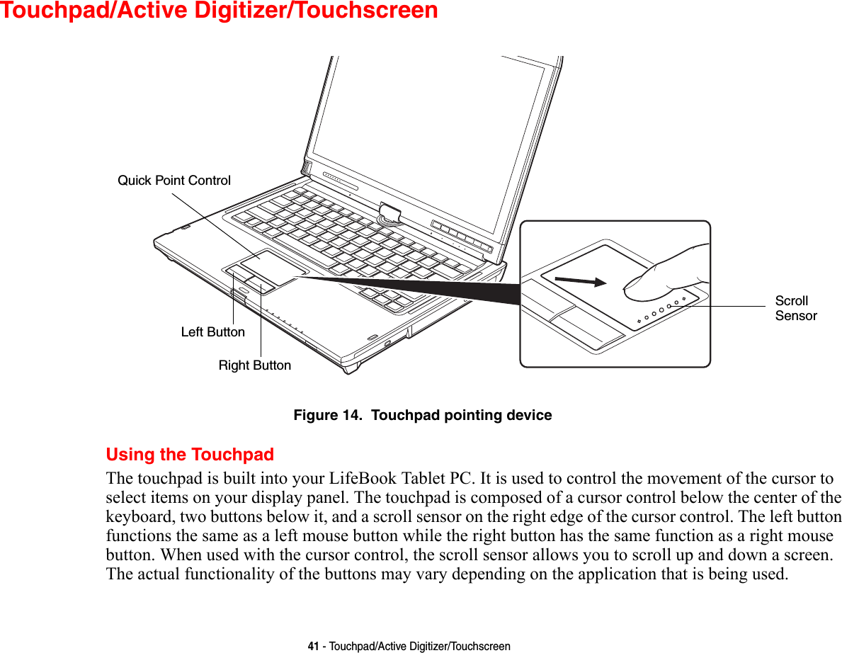 41 - Touchpad/Active Digitizer/TouchscreenTouchpad/Active Digitizer/TouchscreenFigure 14.  Touchpad pointing deviceUsing the TouchpadThe touchpad is built into your LifeBook Tablet PC. It is used to control the movement of the cursor to select items on your display panel. The touchpad is composed of a cursor control below the center of the keyboard, two buttons below it, and a scroll sensor on the right edge of the cursor control. The left button functions the same as a left mouse button while the right button has the same function as a right mouse button. When used with the cursor control, the scroll sensor allows you to scroll up and down a screen. The actual functionality of the buttons may vary depending on the application that is being used.Left ButtonRight ButtonQuick Point ControlScrollSensor