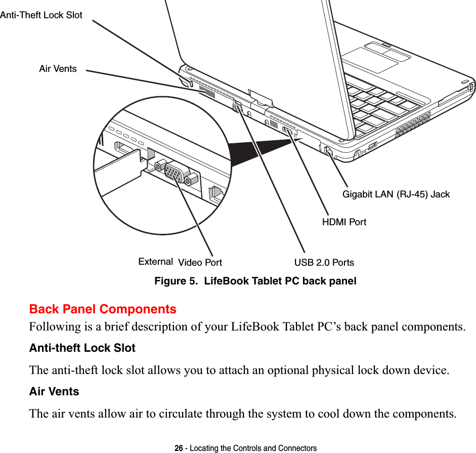 26 - Locating the Controls and ConnectorsFigure 5.  LifeBook Tablet PC back panelBack Panel ComponentsFollowing is a brief description of your LifeBook Tablet PC’s back panel components. Anti-theft Lock SlotThe anti-theft lock slot allows you to attach an optional physical lock down device.Air VentsThe air vents allow air to circulate through the system to cool down the components.Gigabit LAN USB 2.0 PortsAir VentsExternalAnti-Theft Lock Slot(RJ-45) Jack Video PortHDMI Port