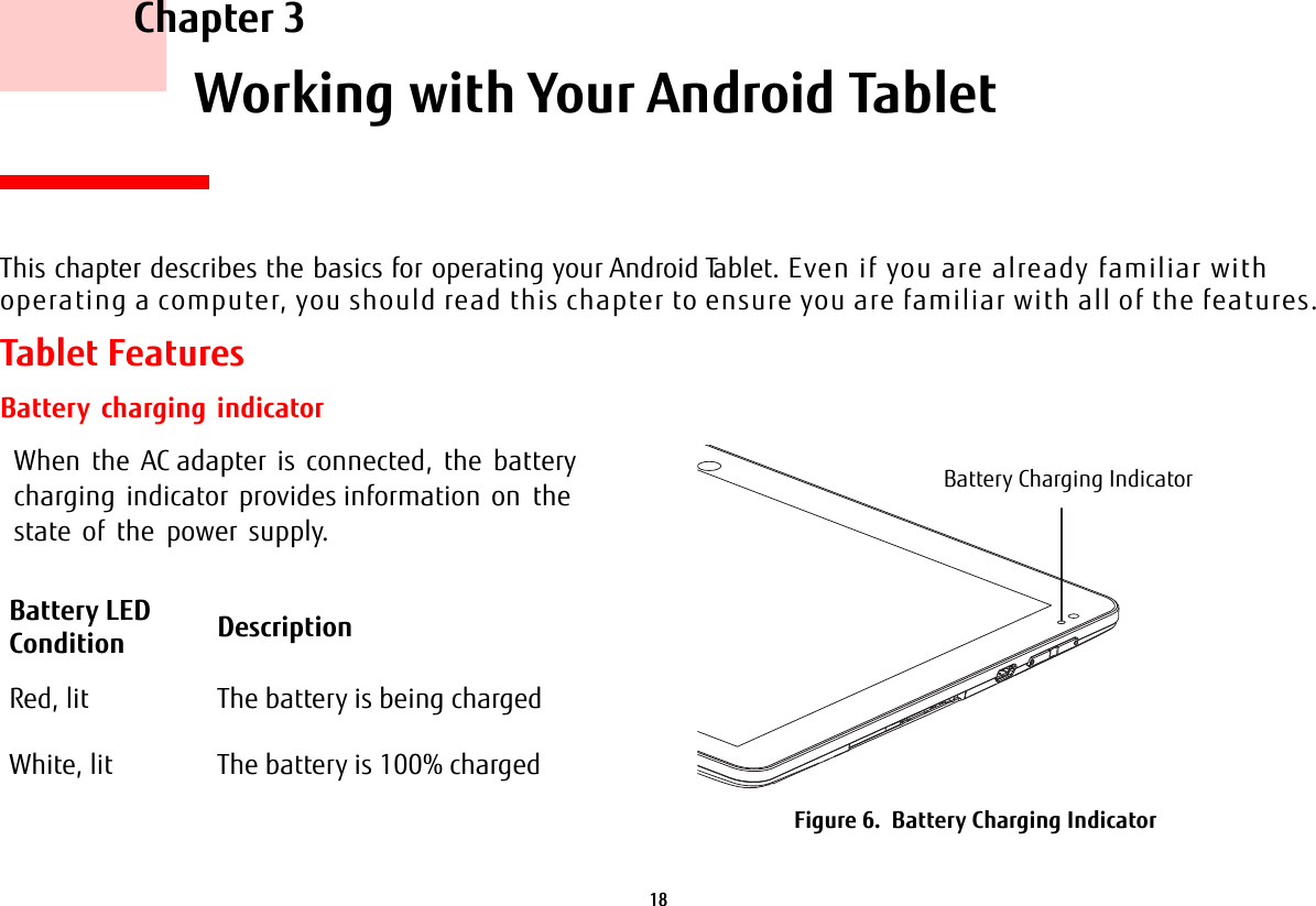 18     Chapter 3    Working with Your Android TabletThis chapter describes the basics for operating your Android Tablet. Even if you are already familiar with operating a computer, you should read this chapter to ensure you are familiar with all of the features.Tablet FeaturesBattery charging indicatorWhen the AC adapter is connected, the battery charging indicator provides information on the state of the power supply.Battery LED Condition DescriptionRed, lit The battery is being chargedWhite, lit The battery is 100% chargedFigure 6.  Battery Charging IndicatorBattery Charging Indicator
