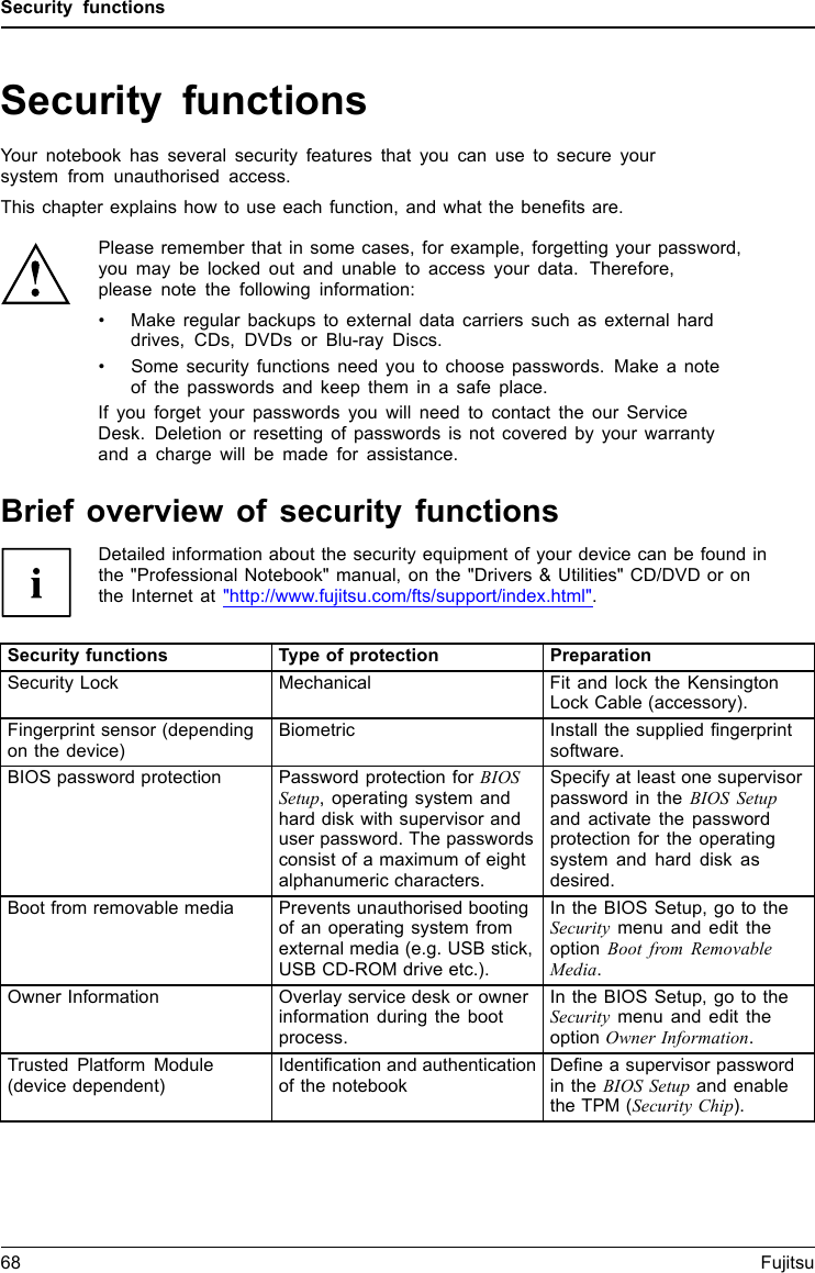Security functionsSecurity functionsSecurityfunctionsYour notebook has several security features that you can use to secure yoursystem from unauthorised access.This chapter explains how to use each function, and what the beneﬁts are.Please remember that in some cases, for example, forgetting your password,you may be locked out and unable to access your data. Therefore,please note the following information:• Make regular backups to external data carriers such as external harddrives, CDs, DVDs or Blu-ray Discs.• Some security functions need you to choose passwords. Make a noteof the passwords and keep them in a safe place.If you forget your passwords you will need to contact the our ServiceDesk. Deletion or resetting of passwords is not covered by your warrantyand a charge will be made for assistance.Brief overview of security functionsDetailed information about the security equipment of your device can be found inthe &quot;Professional Notebook&quot; manual, on the &quot;Drivers &amp; Utilities&quot; CD/DVD or onthe Internet at &quot;http://www.fujitsu.com/fts/support/index.html&quot;.Security functions Type of protection PreparationSecurity Lock Mechanical Fit and lock the KensingtonLock Cable (accessory).Fingerprint sensor (dependingon the device)Biometric Install the supplied ﬁngerprintsoftware.BIOS password protection Password protection for BIOSSetup, operating system andhard disk with supervisor anduser password. The passwordsconsist of a maximum of eightalphanumeric characters.Specify at least one supervisorpassword in the BIOS Setupand activate the passwordprotection for the operatingsystem and hard disk asdesired.Boot from removable media Prevents unauthorised bootingof an operating system fromexternal media (e.g. USB stick,USB CD-ROM drive etc.).In the BIOS Setup, go to theSecurity menu and edit theoption Boot from RemovableMedia.Owner Information Overlay service desk or ownerinformation during the bootprocess.In the BIOS Setup, go to theSecurity menu and edit theoption Owner Information.Trusted Platform Module(device dependent)Identiﬁcation and authenticationof the notebookDeﬁne a supervisor passwordin the BIOS Setup and enablethe TPM (Security Chip).68 Fujitsu