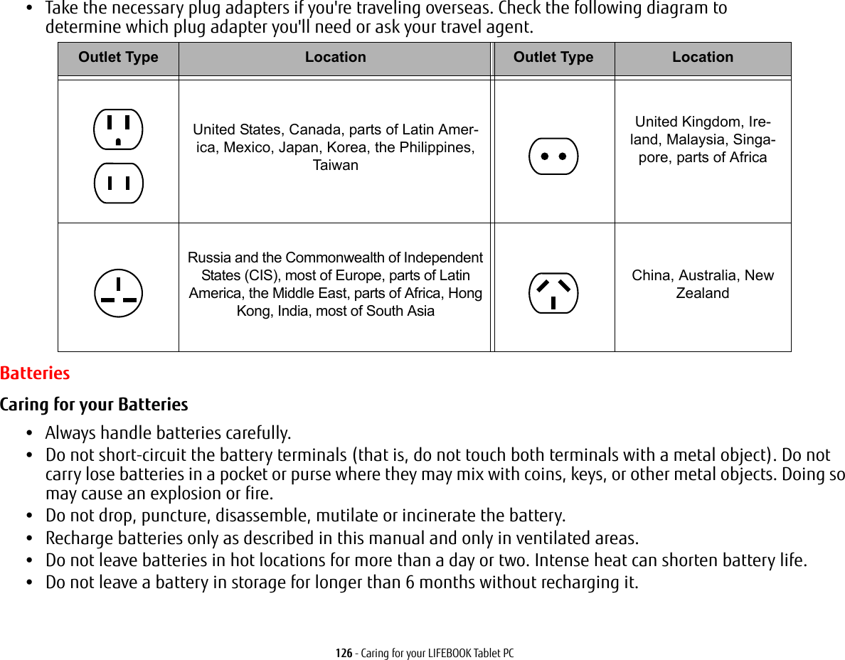 126 - Caring for your LIFEBOOK Tablet PC•Take the necessary plug adapters if you&apos;re traveling overseas. Check the following diagram to determine which plug adapter you&apos;ll need or ask your travel agent.BatteriesCaring for your Batteries •Always handle batteries carefully.•Do not short-circuit the battery terminals (that is, do not touch both terminals with a metal object). Do not carry lose batteries in a pocket or purse where they may mix with coins, keys, or other metal objects. Doing so may cause an explosion or fire.•Do not drop, puncture, disassemble, mutilate or incinerate the battery.•Recharge batteries only as described in this manual and only in ventilated areas.•Do not leave batteries in hot locations for more than a day or two. Intense heat can shorten battery life.•Do not leave a battery in storage for longer than 6 months without recharging it.Outlet Type Location Outlet Type LocationUnited States, Canada, parts of Latin Amer-ica, Mexico, Japan, Korea, the Philippines, Tai w a nUnited Kingdom, Ire-land, Malaysia, Singa-pore, parts of AfricaRussia and the Commonwealth of Independent States (CIS), most of Europe, parts of Latin America, the Middle East, parts of Africa, Hong Kong, India, most of South AsiaChina, Australia, New Zealand