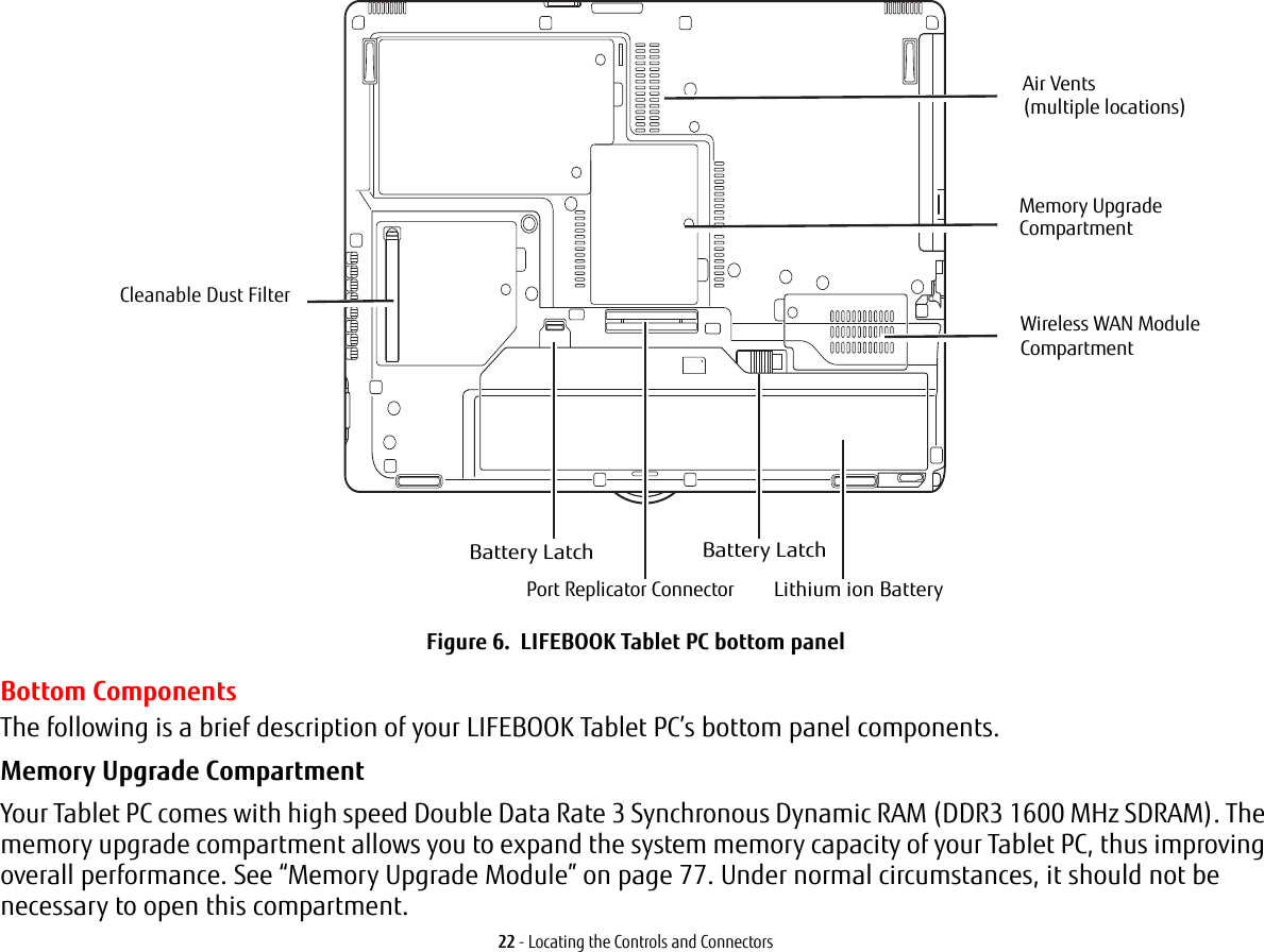 22 - Locating the Controls and ConnectorsFigure 6.  LIFEBOOK Tablet PC bottom panelBottom ComponentsThe following is a brief description of your LIFEBOOK Tablet PC’s bottom panel components. Memory Upgrade Compartment Your Tablet PC comes with high speed Double Data Rate 3 Synchronous Dynamic RAM (DDR3 1600 MHz SDRAM). The memory upgrade compartment allows you to expand the system memory capacity of your Tablet PC, thus improving overall performance. See “Memory Upgrade Module” on page 77. Under normal circumstances, it should not be necessary to open this compartment.Memory UpgradeLithium ion BatteryPort Replicator ConnectorAir VentsBattery LatchCleanable Dust FilterCompartment Battery Latch(multiple locations)Wireless WAN ModuleCompartment