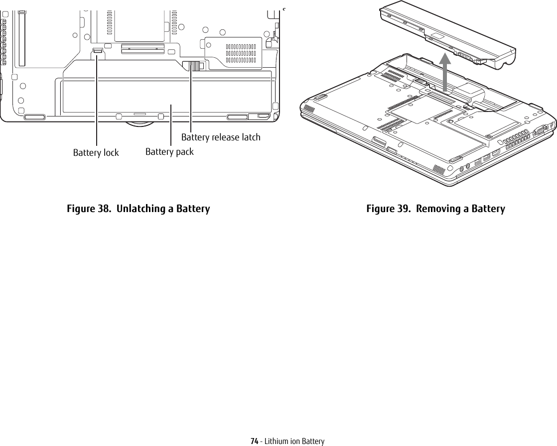 74 - Lithium ion BatterysFigure 38.  Unlatching a Battery Figure 39.  Removing a BatteryBattery release latchBattery lock Battery pack